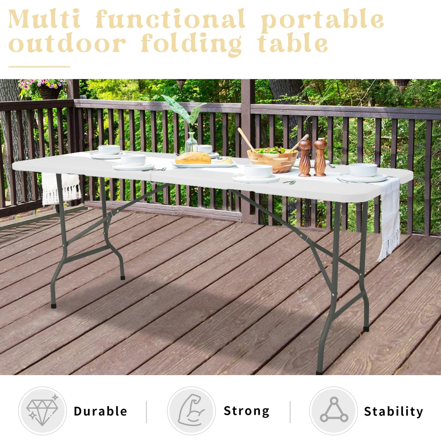Set of 2 Folding Table 6 FT Lightweight Camping Table White Portable Plastic Rectangular Outdoor Dining Table Steel Legs Fold-in-Half with Carrying Handle for Indoor,Picnic,Party,Wedding,Events