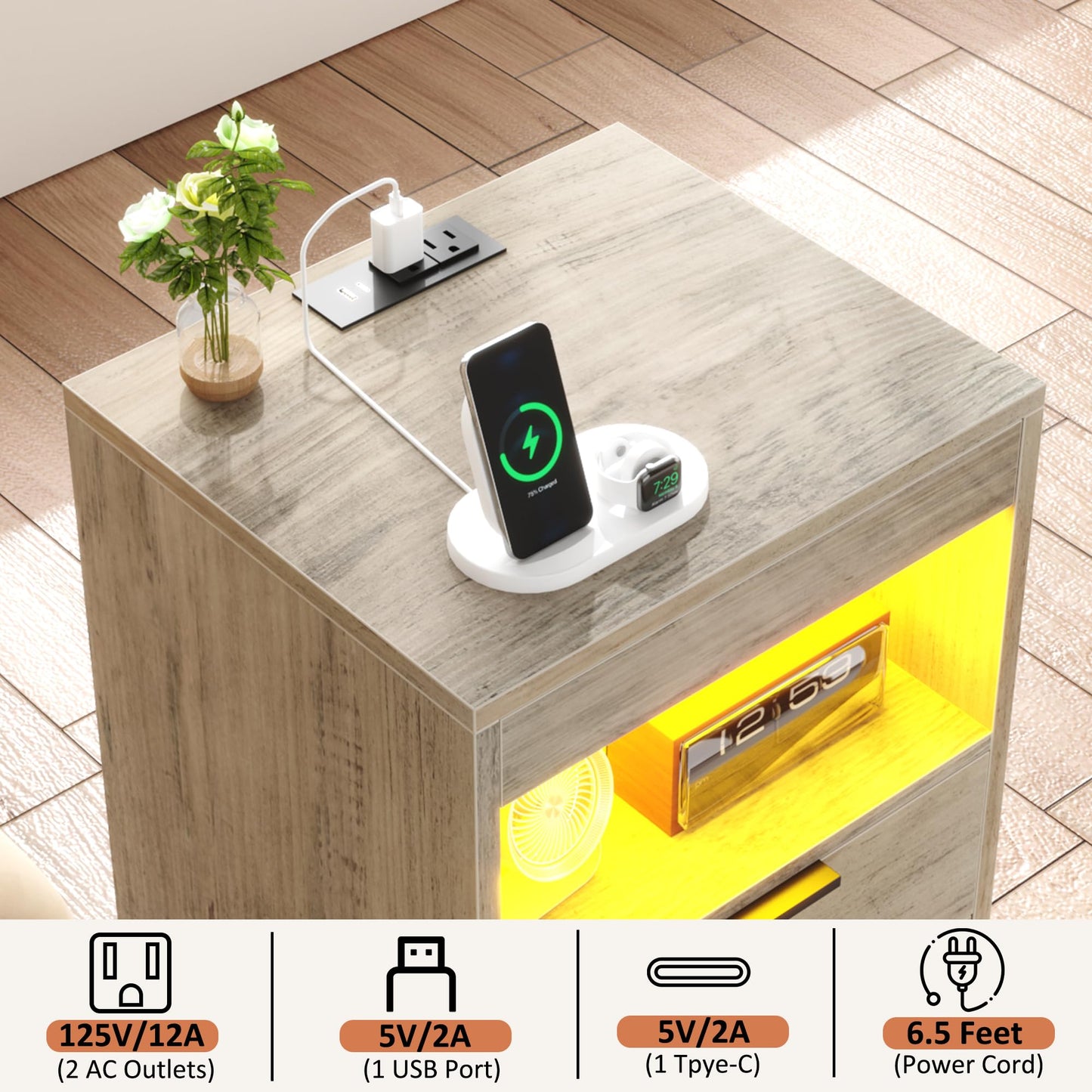 Gadroad LED Nightstand with Charging Station, Bedside Table with USB Ports & Power Outlets, Modern Night Stand with Drawers for Bedroom Small Spaces, Grey