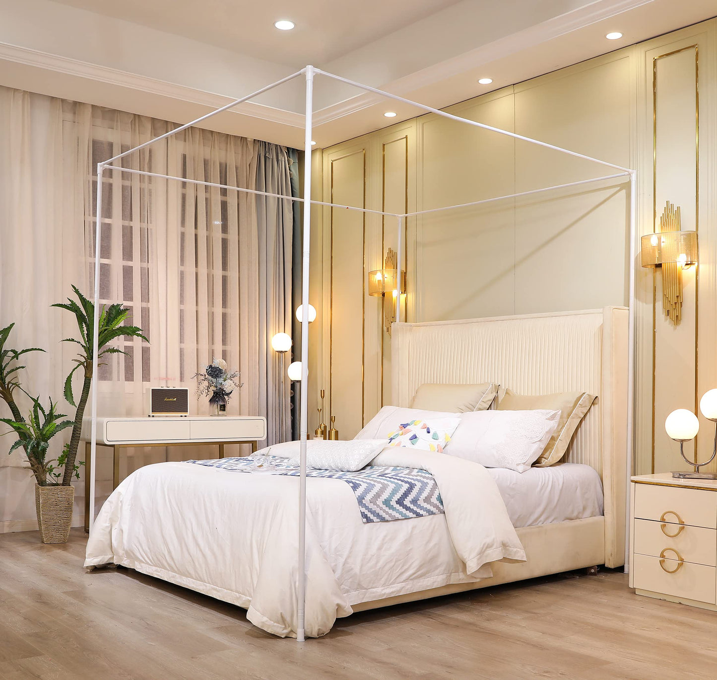 Mengersi Canopy Bed Frame Queen Size,Bed Canopy Frame Post Poles,Canopy Bed Curtains Frame Bracket Fit for Metal Bed Wood Bed Bedroom Decor,White