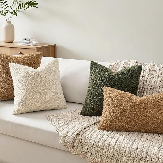 Faux Fur Throw Pillow Covers 20x12 Inch Set of 2 Boucle Neutral Decorative