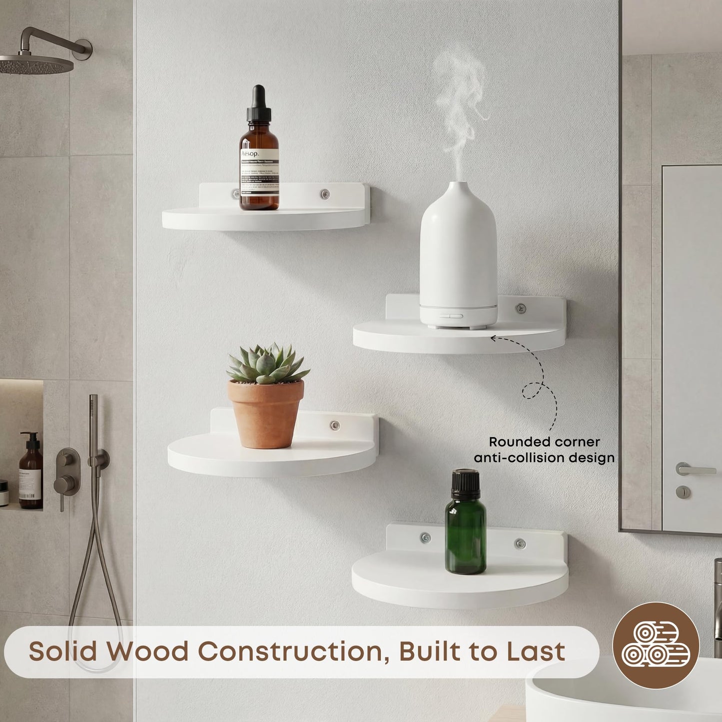 Round Small Floating Shelves,Mini Wall Shelf for Speaker Plants Storage Display Set of 2,Solid Wood Ledges Elegant for Living Rooms Bedroom Bathroom Offices Home Decor,8-inch Diameter,White