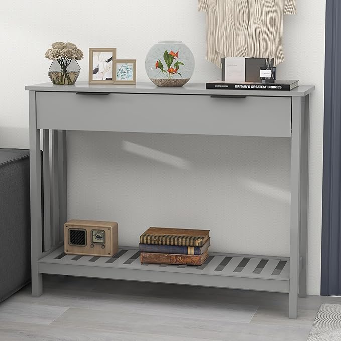 TaoHFE Entryway Table with Storage, Modern Sofa Table with Slatted Frame