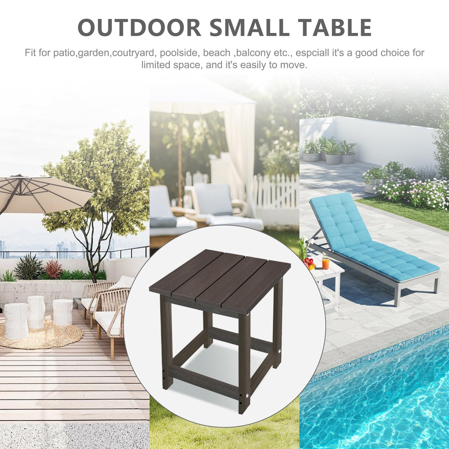 LZRS Square Patio Side Table, Heavy Duty HDPE Outdoor End Table with Wood Texture, Weatherproof Composite Table for Adirondack Chairs, Deck, Pool, Indoor/Outdoor, No Peeling or Cracking(Brown Mixture)