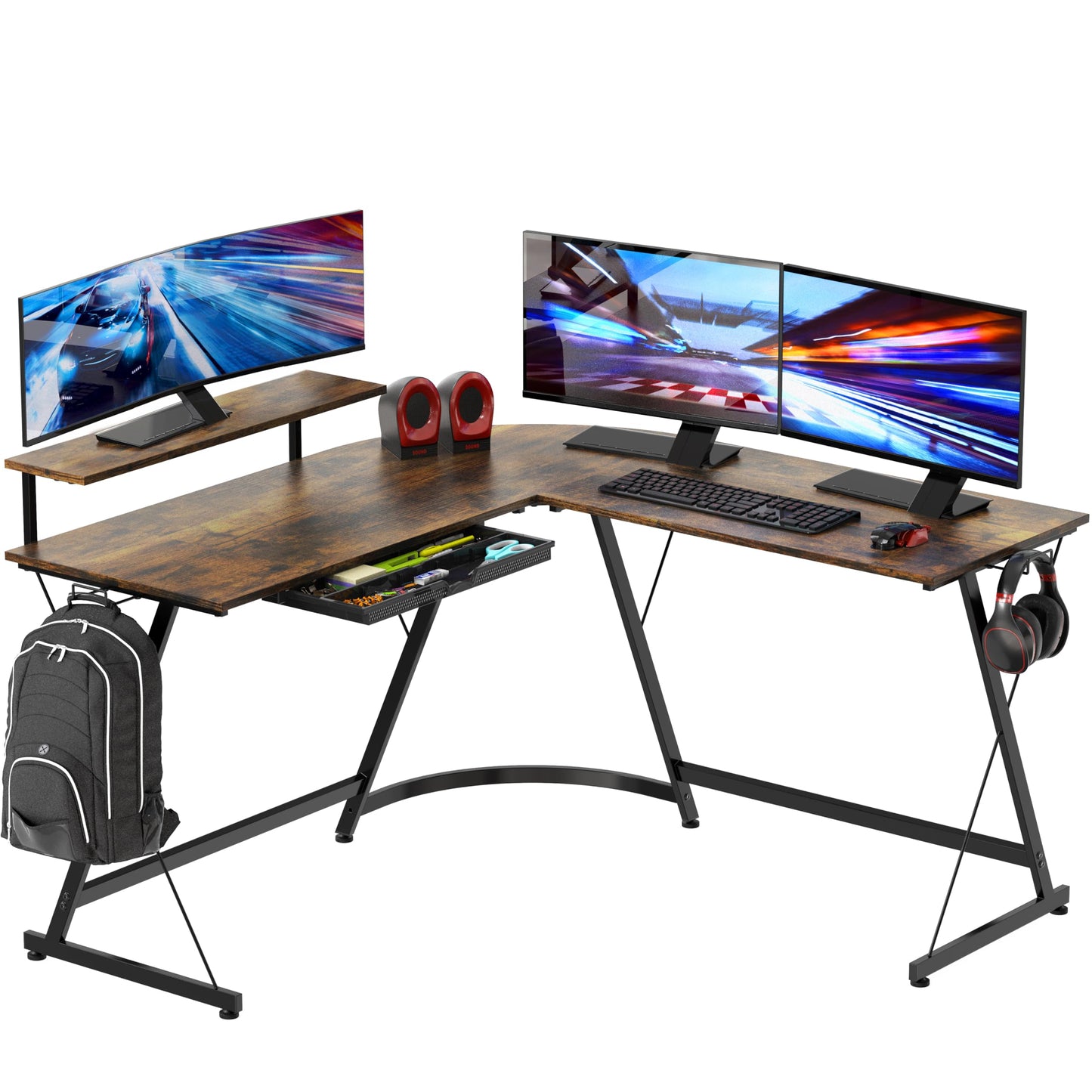 SHW 51 x 51 Inches Vista L-Shaped Desk with Monitor Stand and Drawer, Rustic Brown