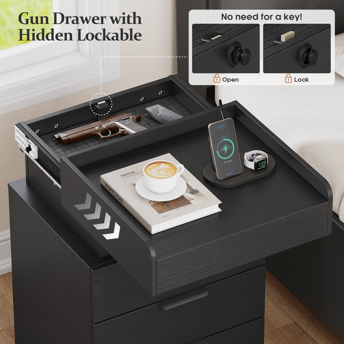 Turosur Night Stand with Gun Drawer, LED Nightstand with Charging Station, Wood Bedside Table with Hidden Storage and 3 Drawers for Bedroom, Modern Black