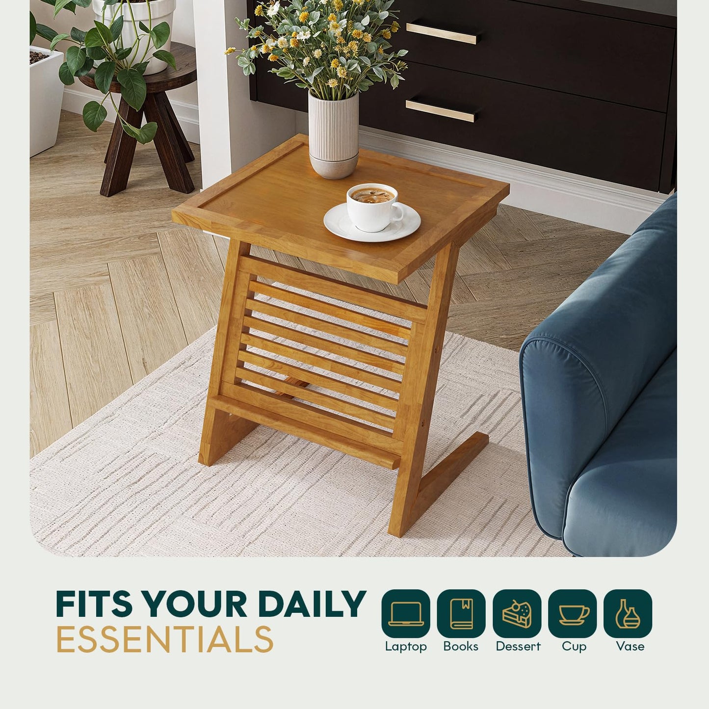 Bme Neil Nightstand Mid Century Modern Side Table, Rubberwood Nightstand with Z Shaped Frame and L Storage Bars Stylish, End Table for Bedroom, Living Room or Office - Teak Brown