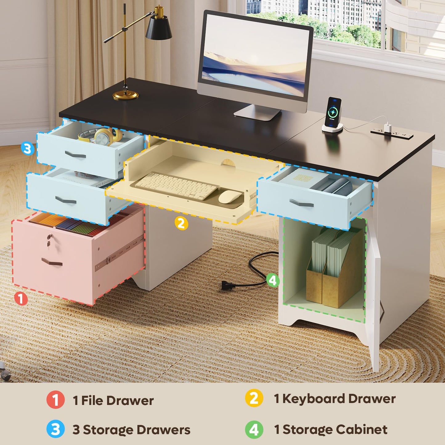 Bestier 59” Office Desk with Lockable Drawers, Modern Computer Desk with File Drawer, Charging Station & Drop-Front Keyboard Drawer, Executive Desk with Storage Cabinet for Home Office & Studio, White