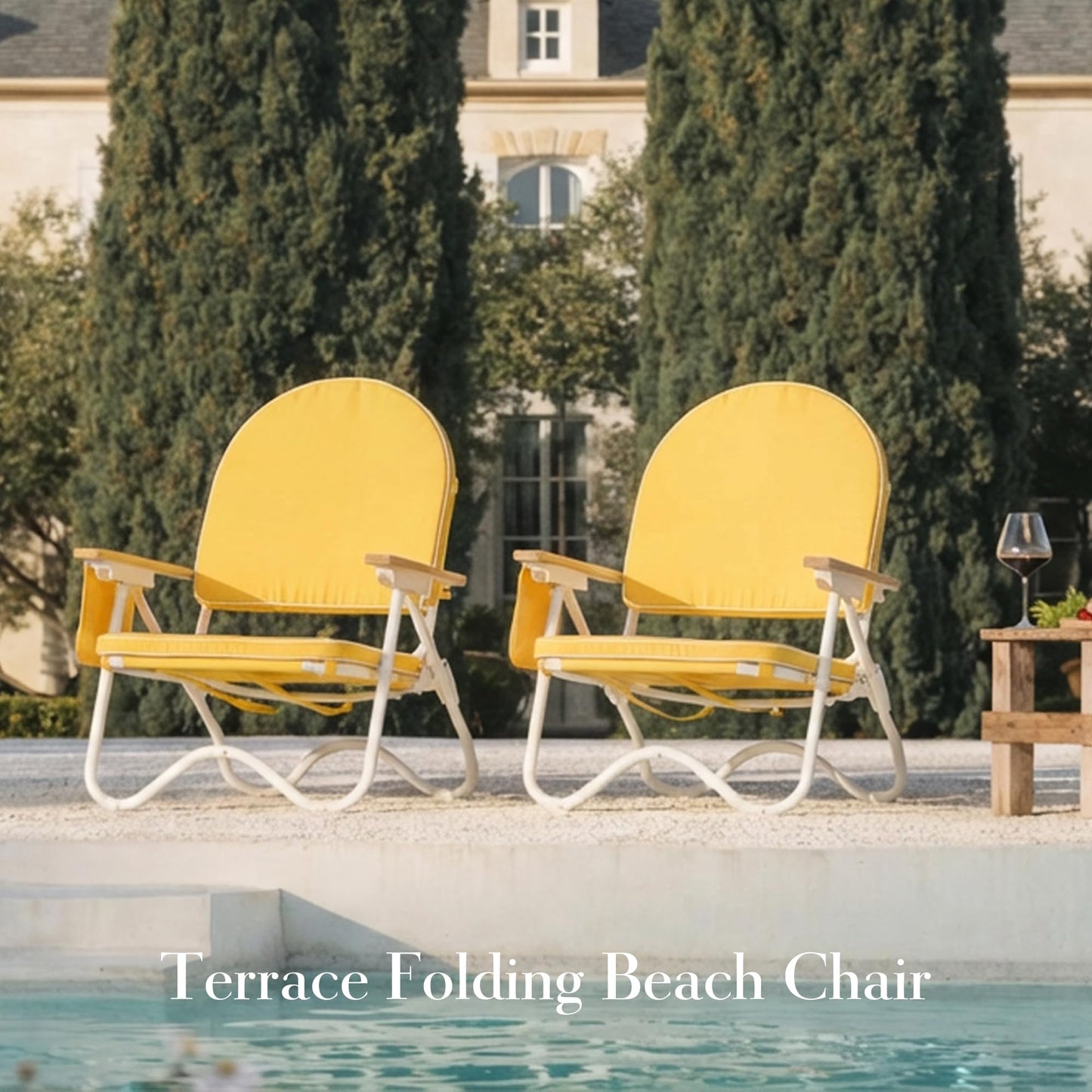 DEER LAND Padded Low Beach Chair, 4-Position Folding Outdoor Chair with Wooden Armrests, Cushioned Seat, Storage Pouch & Carry Strap for Beach, Patio and Lawn, Harbour Mimosa