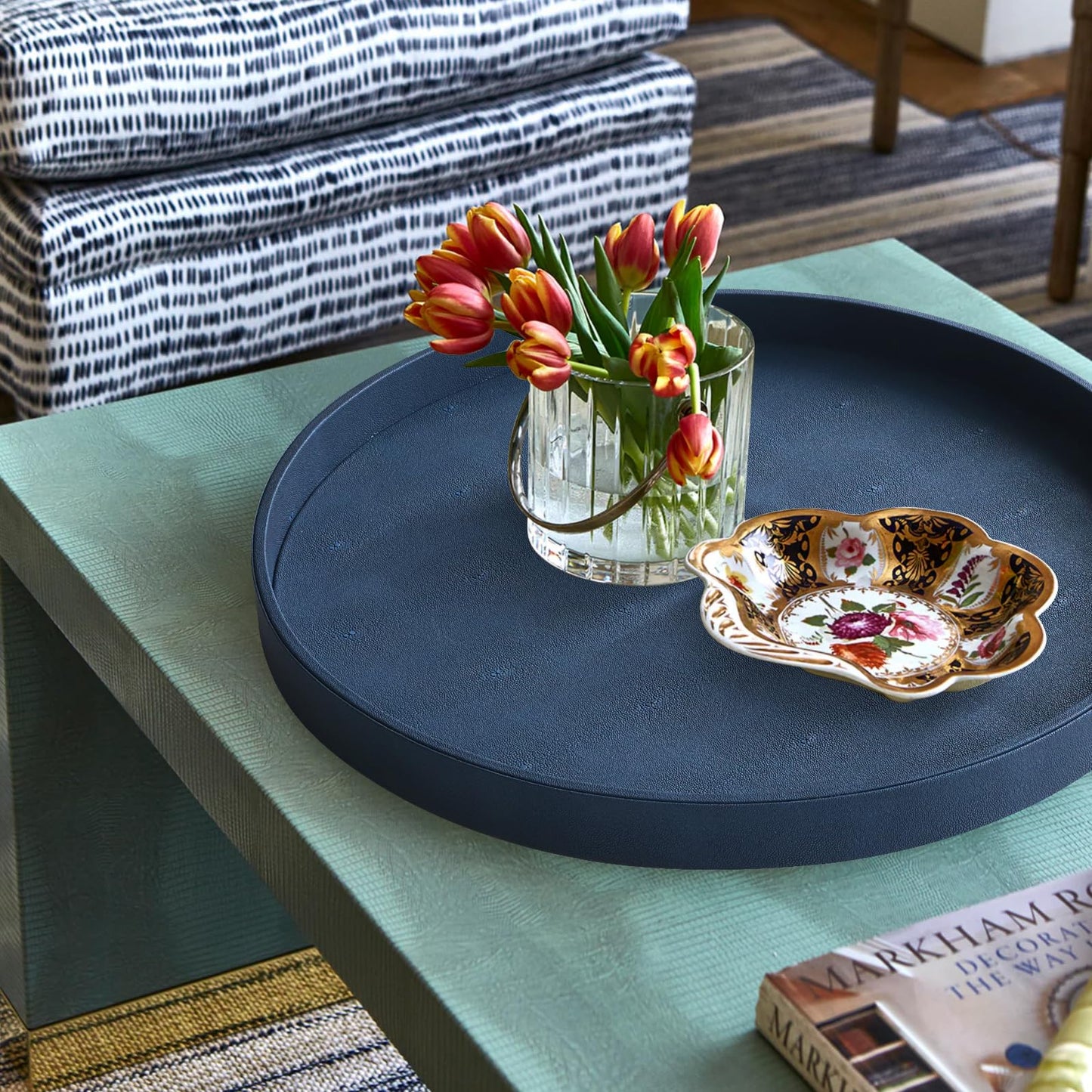 HofferRuffer Large Round Serving Tray 24'', Elegant Faux Leather Circle Ottoman Table Tray, Serve Tea Coffee Breakfast in Bedroom Living Room Kitchen (Blue)