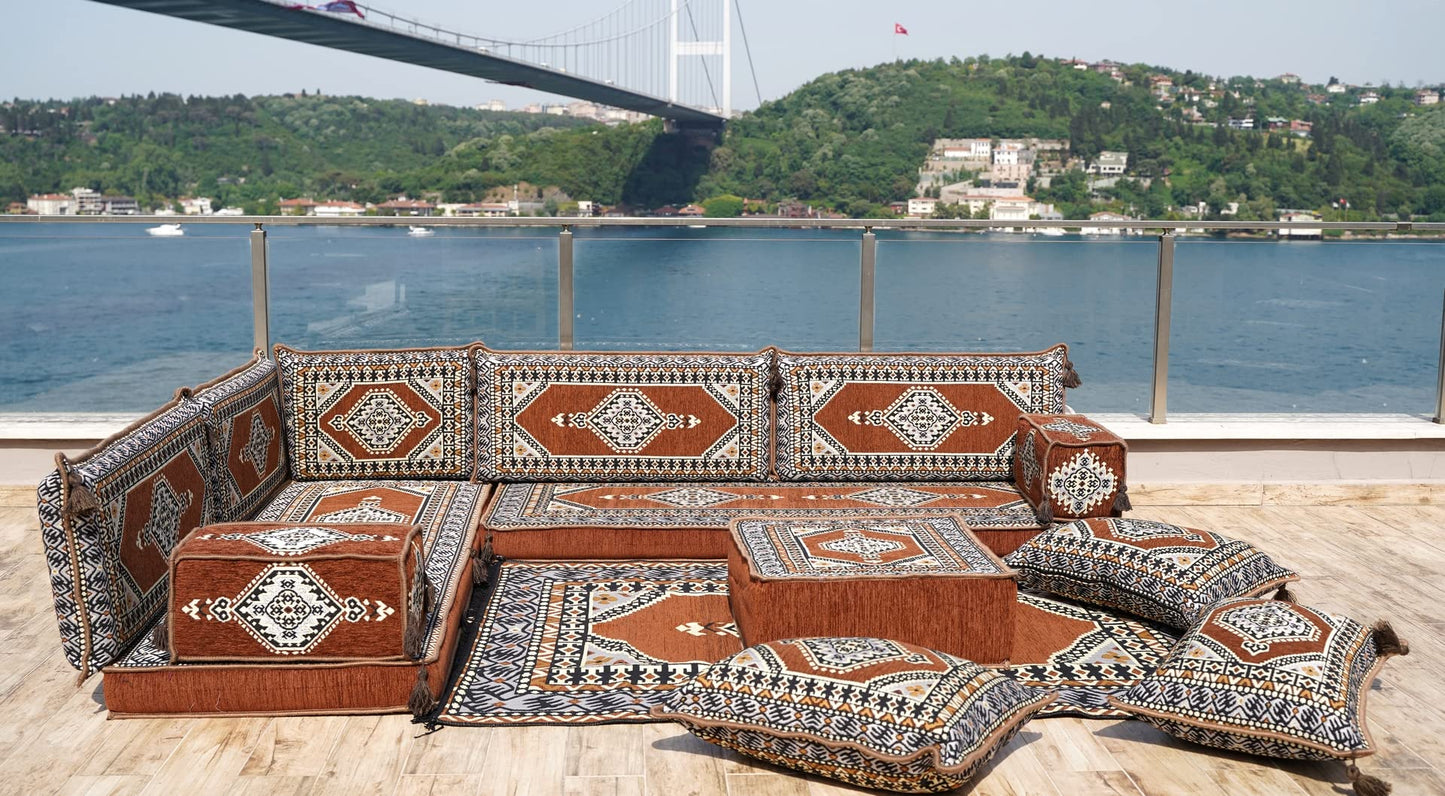 L Shaped Arabic Floor Cushions, Sectional Sofas, Arabic Majlis Set, Custom Made Sofa, Arabic Sofa Set, Seating Cushions (4'' Thickness Sofa, L Sofa Full Set, Brown)