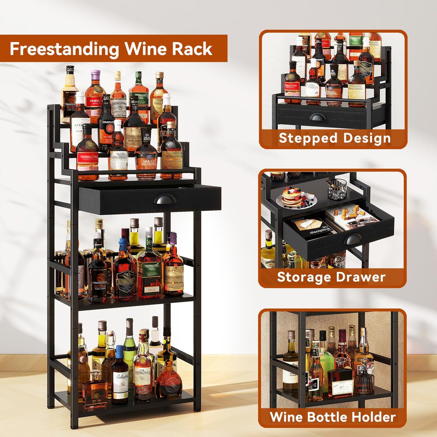 IBUYKE Stepped Wine Rack Freestanding Floor,Bar Cabinet with Drawer and Display Shelf for Whiskey,Corner Liquor Bottle Display Cabinet for Home,Living Room,Dining,Black UTMJ915B
