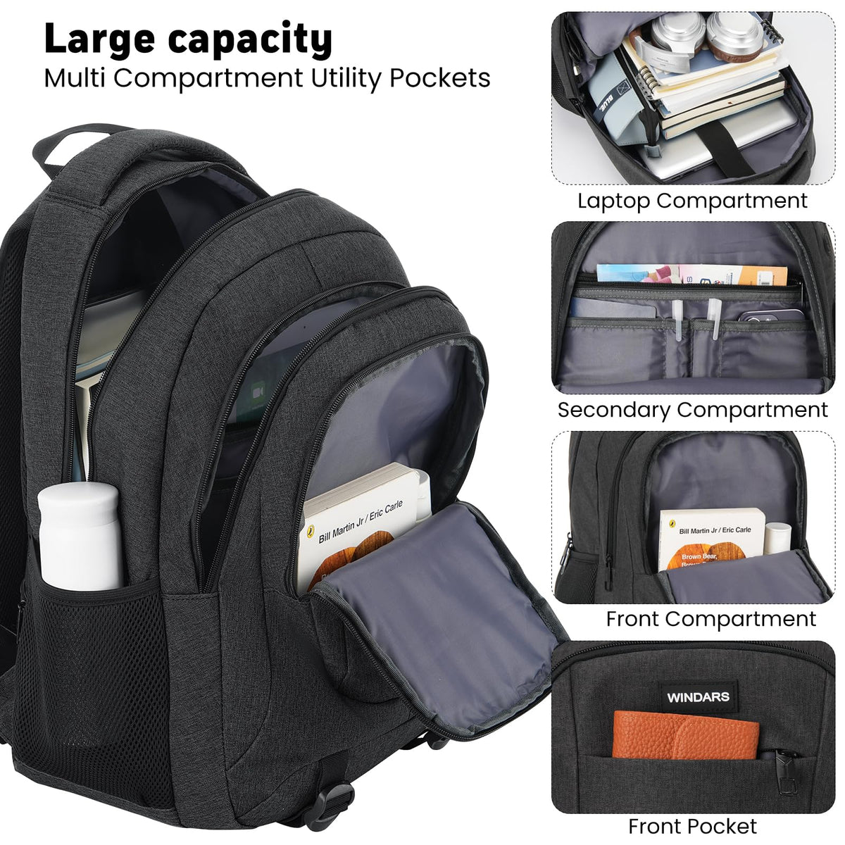 WINDARS Backpack for Men and Women, School Backpacks for Teens Boys, 15.6 Inch Large College Bookbag Durable Computer Laptop Bag with USB Charger Port for Business Work Travel, Black
