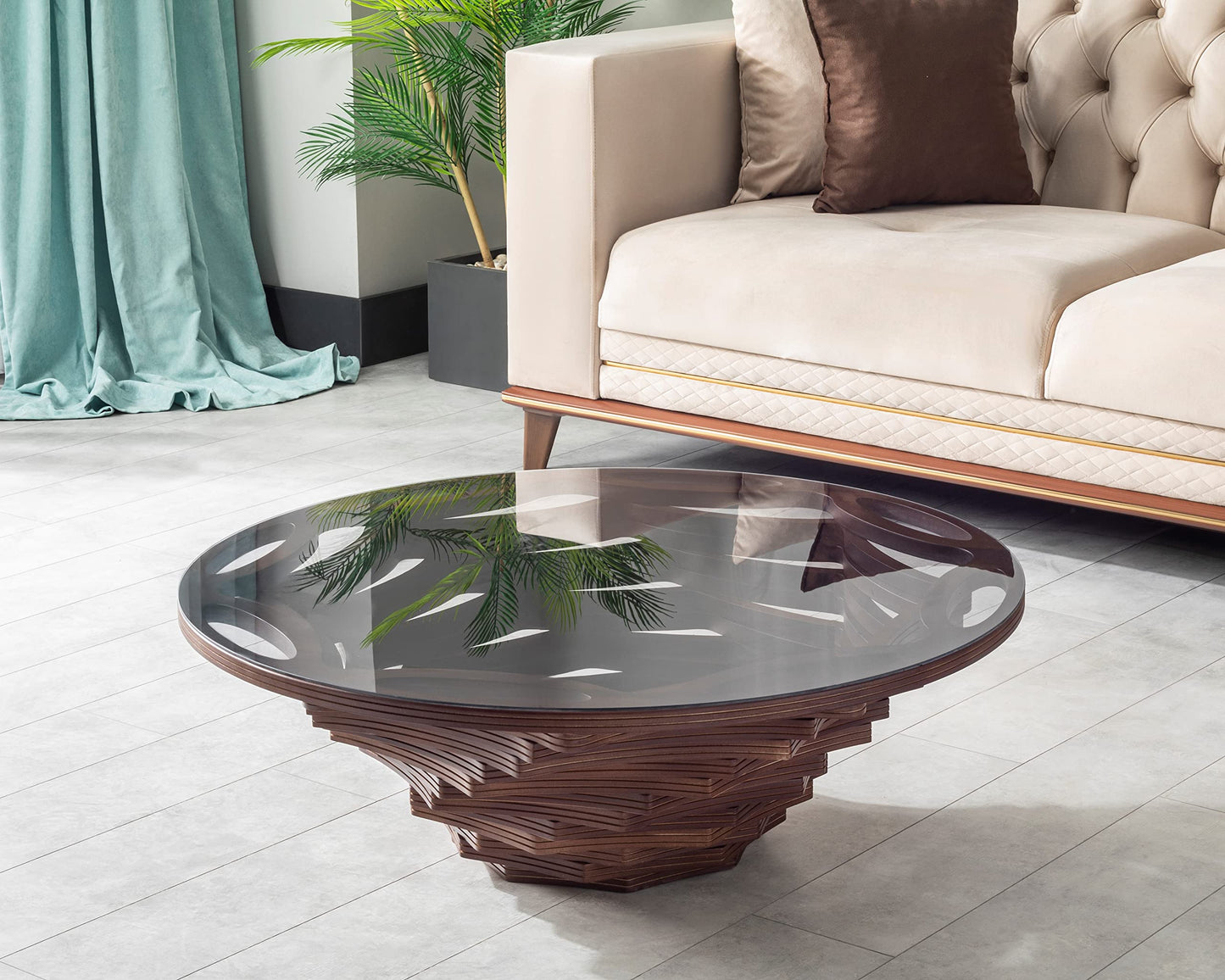 Papella Luxury Round Coffee Table – Sculptural Walnut Base with Smoked Glass Top – Mid-Century Modern Statement Piece for Elegant Interiors & Office Furniture