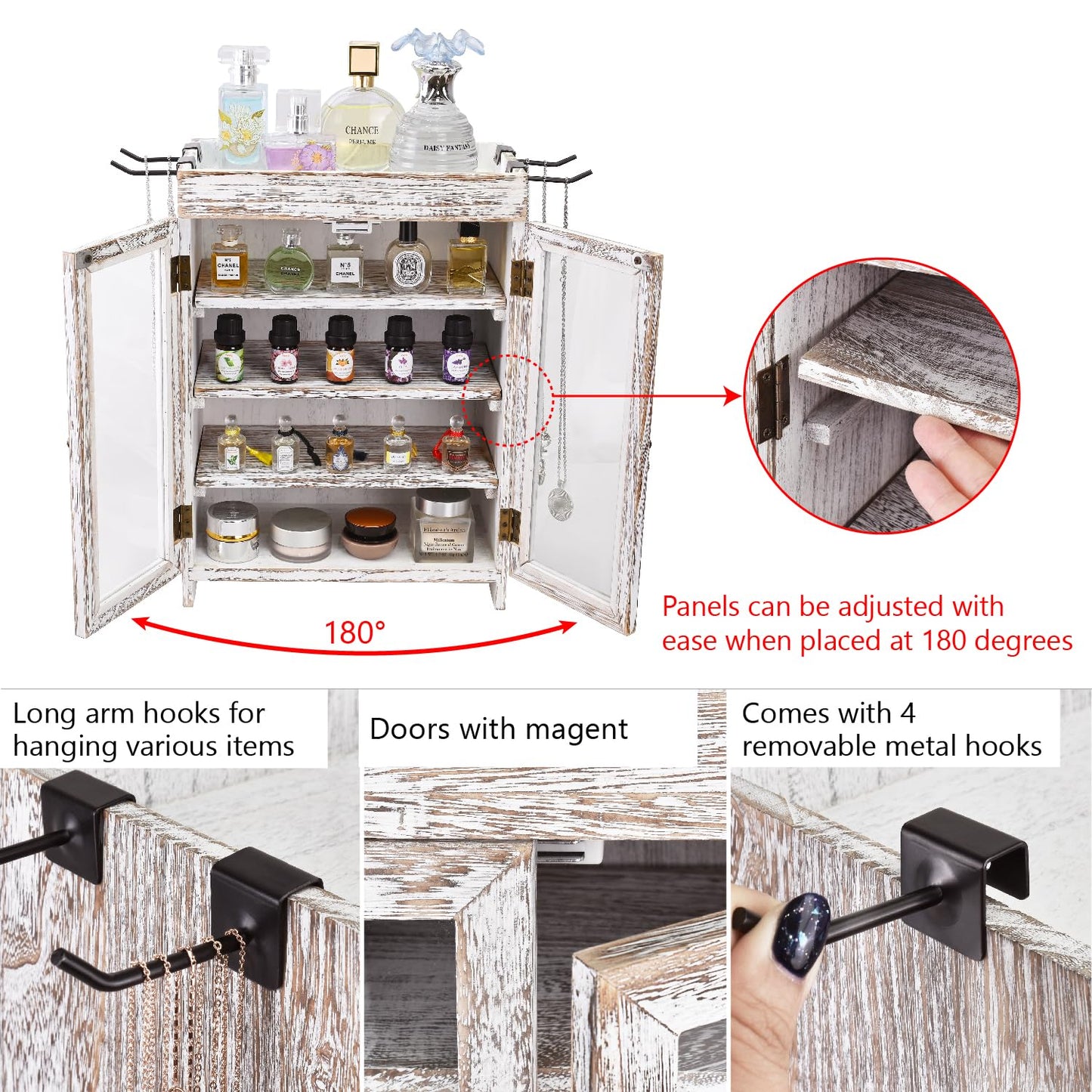Ikee Design Wooden Countertop Storage Cabinet. Customizable Organizer with Adjustable Shelves, Glass Window Door and Removable Metal Hook. Perfect for Kitchen, Vanity, or Bathroom. Antique White