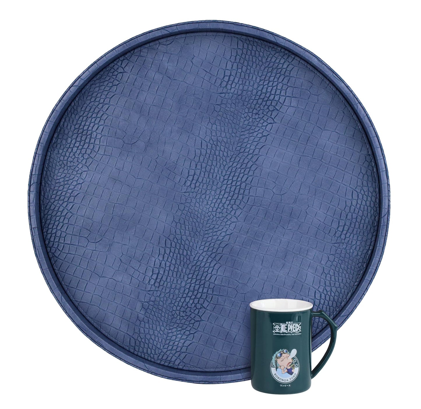 HofferRuffer Round Serving Tray 20'', Elegant Faux Leather Circle Ottoman Table Tray, Serve Tea Coffee Breakfast in Bedroom Living Room Kitchen (Blue, 20")
