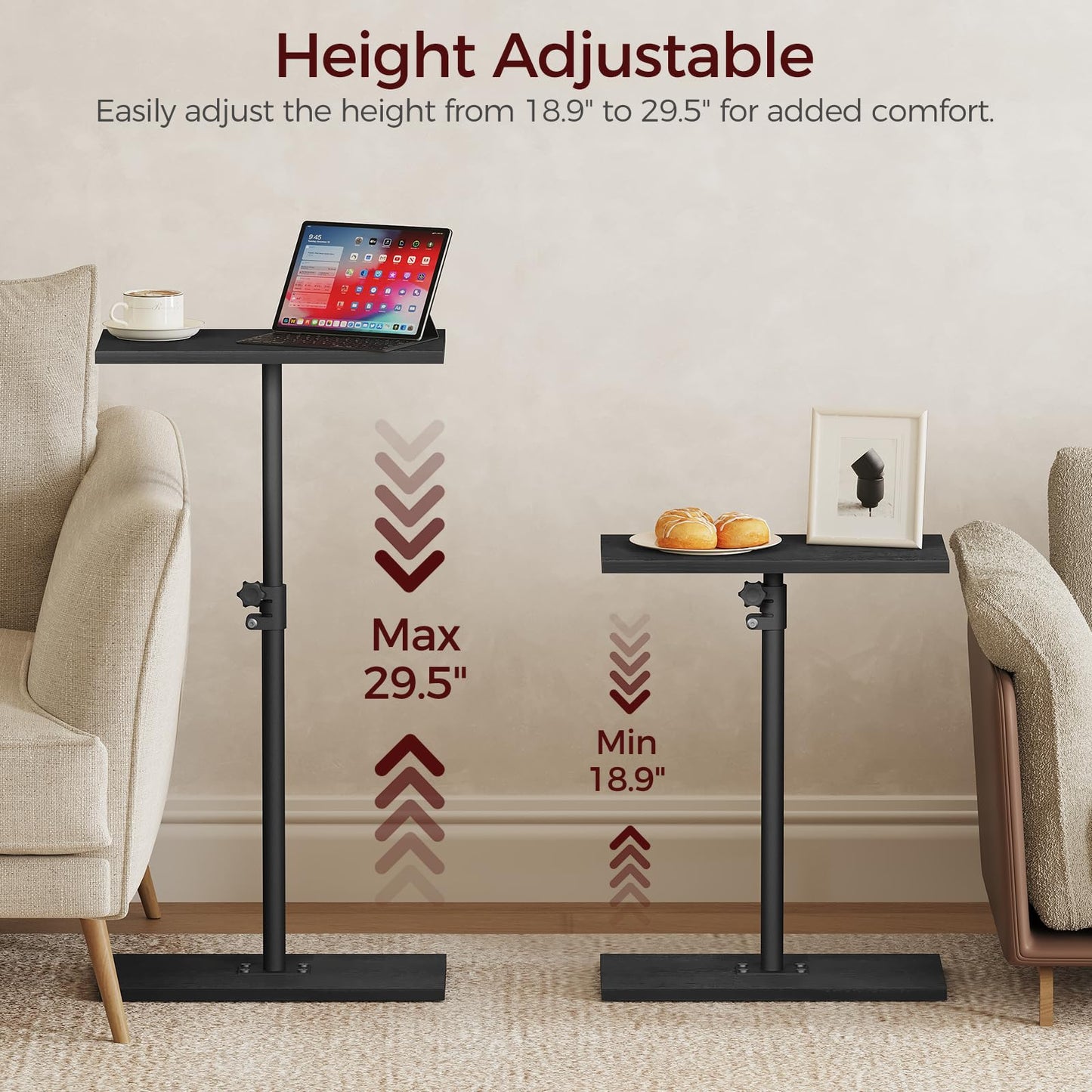 MAHANCRIS Narrow Side Table, Height Adjustable Small End Table, Skinny Sofa Table for Small Spaces, Tall Narrow Bedside Table for Couch, Slim Nightstand for Living Room, Bedroom, Black ETBK3301