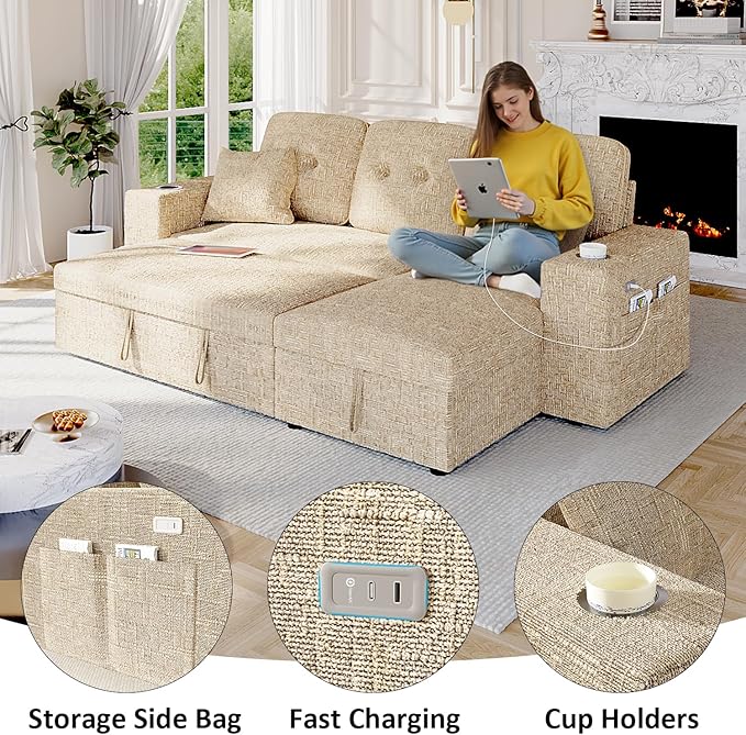 90 Inch Modular Sectional Sleeper Sofa Bed, 4 in 1 Pull Out Couch Bed