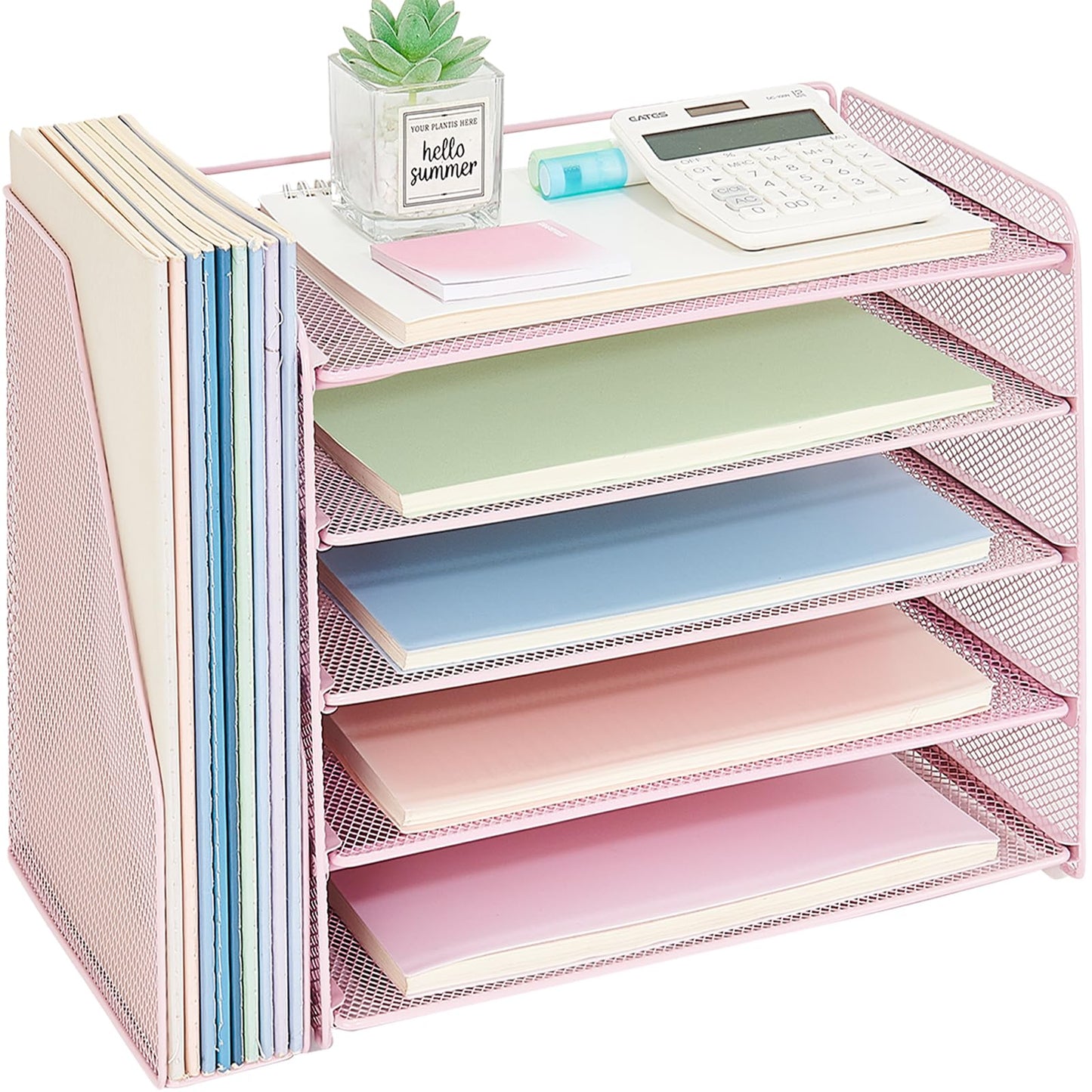 OPNICE Desk Organizer, 5-Tier Paper Organizer Letter Tray with Magazine Holder, Office Desk Accessories & Workspace Organizers, Desktop File Organizer for Office Supplies Storage, Pink
