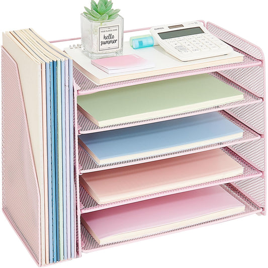 OPNICE Desk Organizer, 5-Tier Paper Organizer Letter Tray with Magazine Holder, Office Desk Accessories & Workspace Organizers, Desktop File Organizer for Office Supplies Storage, Pink