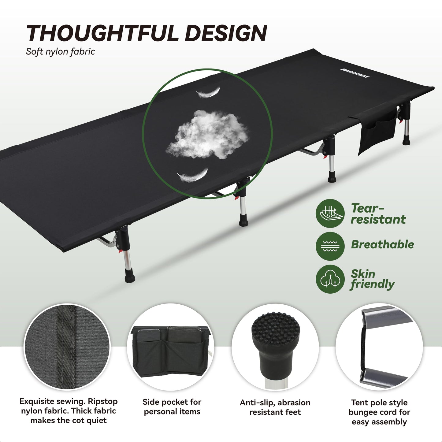 MARCHWAY Lightweight Folding Tent Camping Cot Bed with Lever Lock, Easy Setup Portable Compact for Outdoor Travel, Hunting, Hiking, Motorcycling, Support 330Lbs (Black)