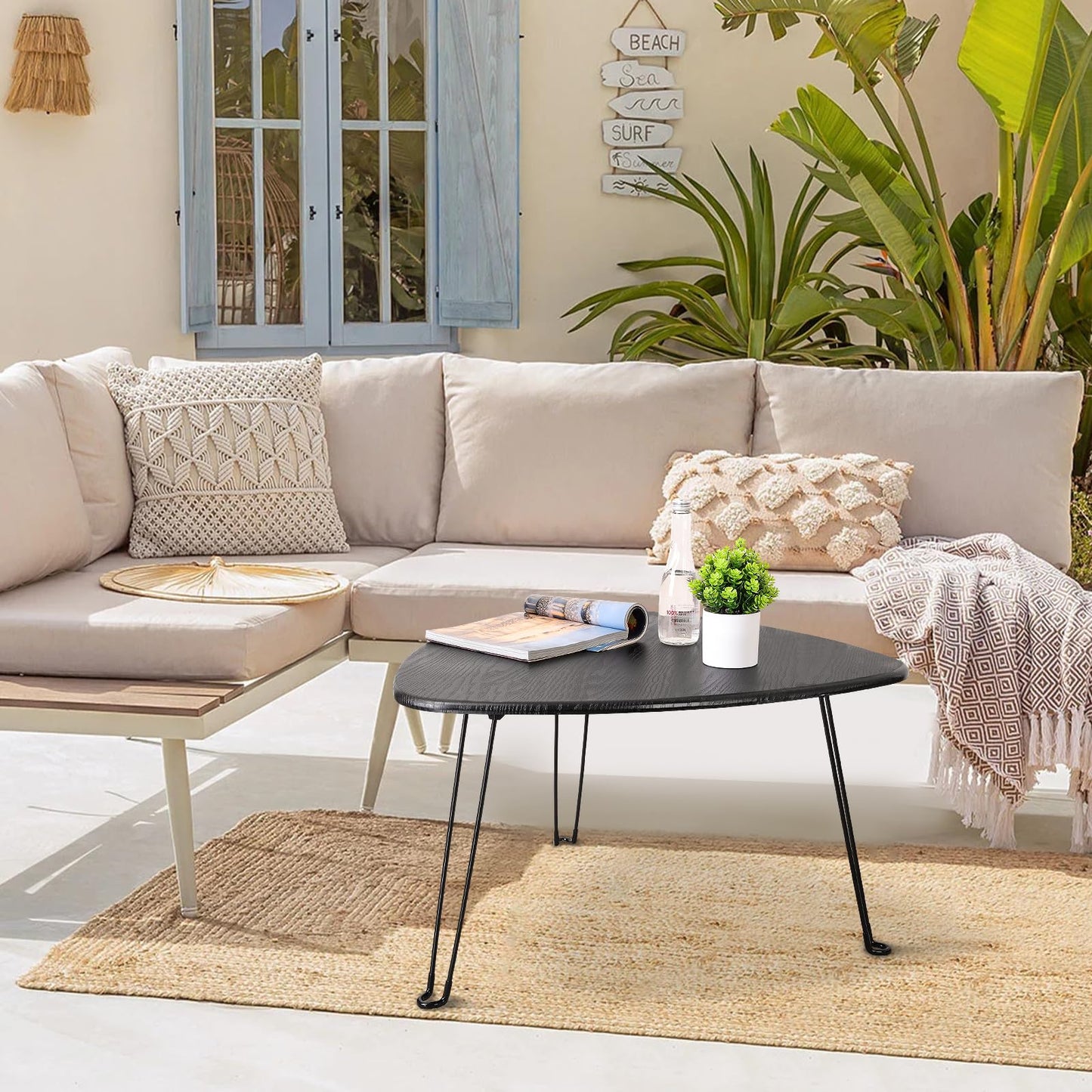 Black Folding Coffee Table Wooden Triangle Floor Table Desk for Sitting on The Floor Coffee Tables Small Oval Coffee Table Mid Century Modern Center Sofa Table for Living Room Home Office