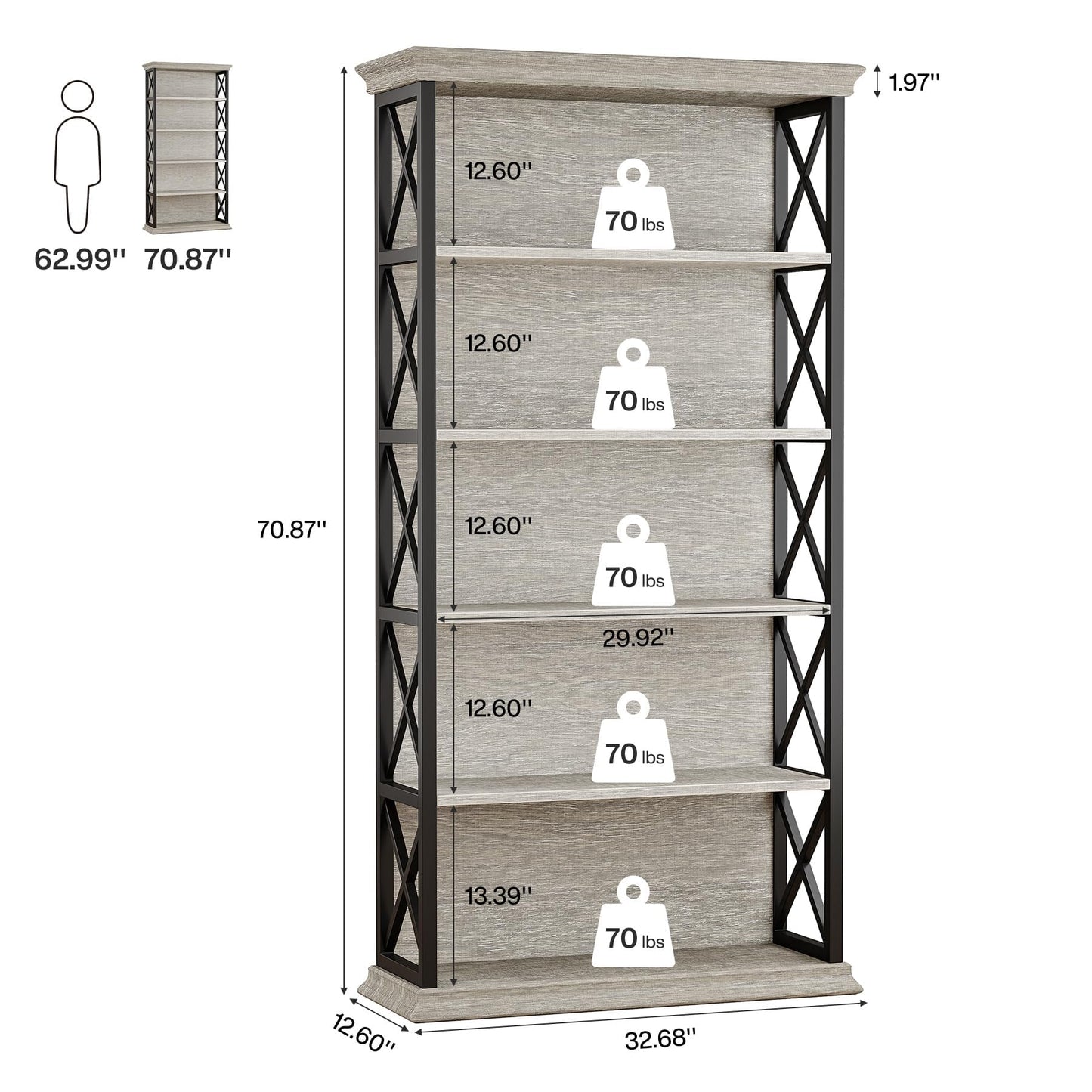 Tribesigns 6-Tier Bookcase, 71 Inches Industrial Bookshelves and Bookcases, Floor Standing 5 Shelf Display Storage Shelves Tall Bookcase for Home Office, Living Room, Bed Room, Grey