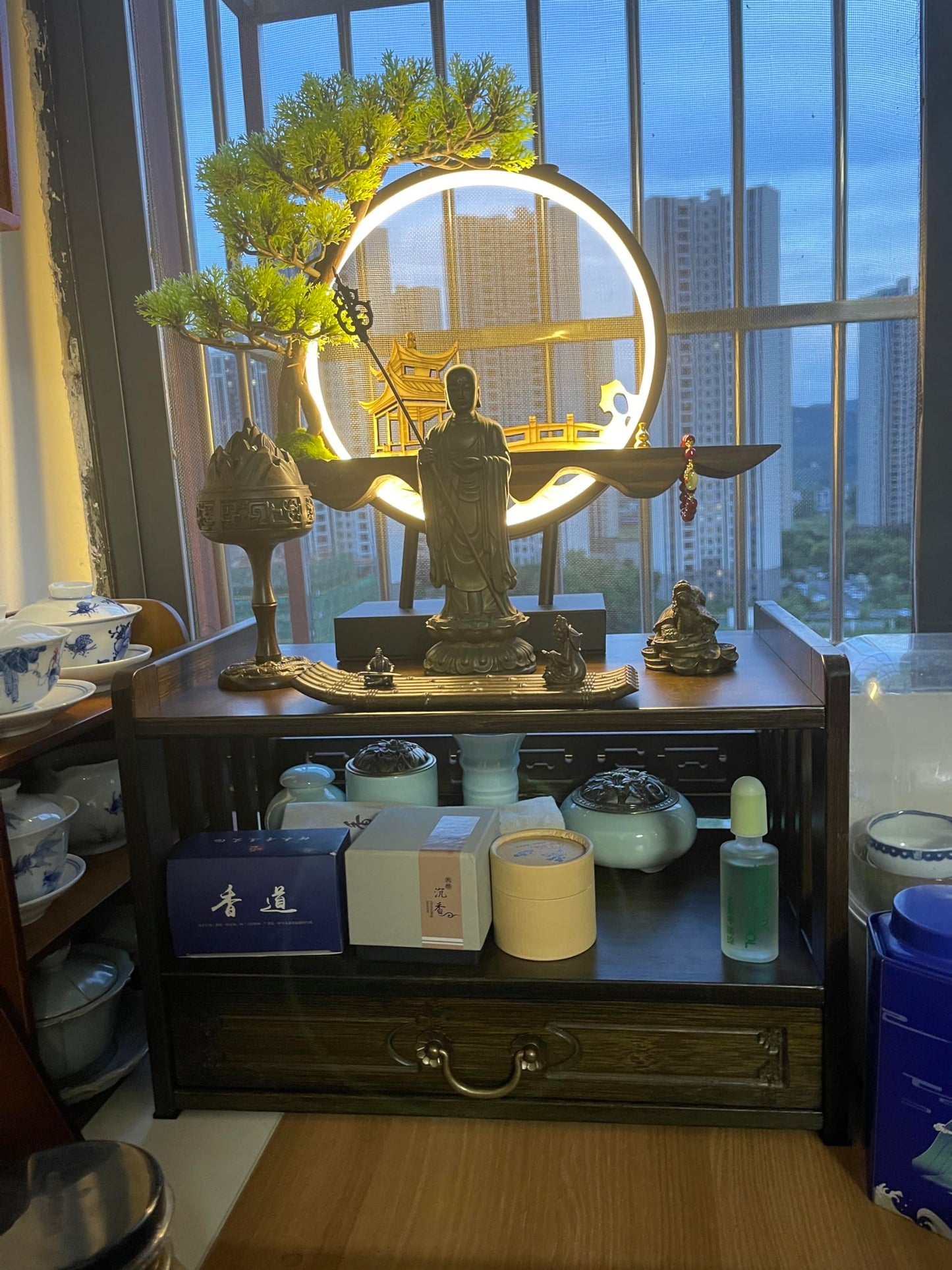 Altar Table with Drawer,Puja Table for Home,Perfect Used for Meditation, Prayers, Divination, Witchcraft, Bamboo Furniture for Displaying Jars, Plants and Books (Walnut Color, 16.5x9.8x11 in)