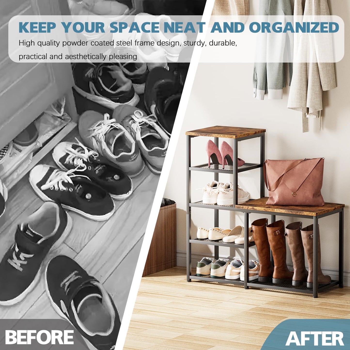Katrawu Shoe Rack Bench for Entryway,Free Standing Shoe Storage Organizer for Front Door Entrance,4-Tier Boot Rack Holder Shelf for Closet with Seat,Sturdy Shoe Shelves for High Heels(Brown)