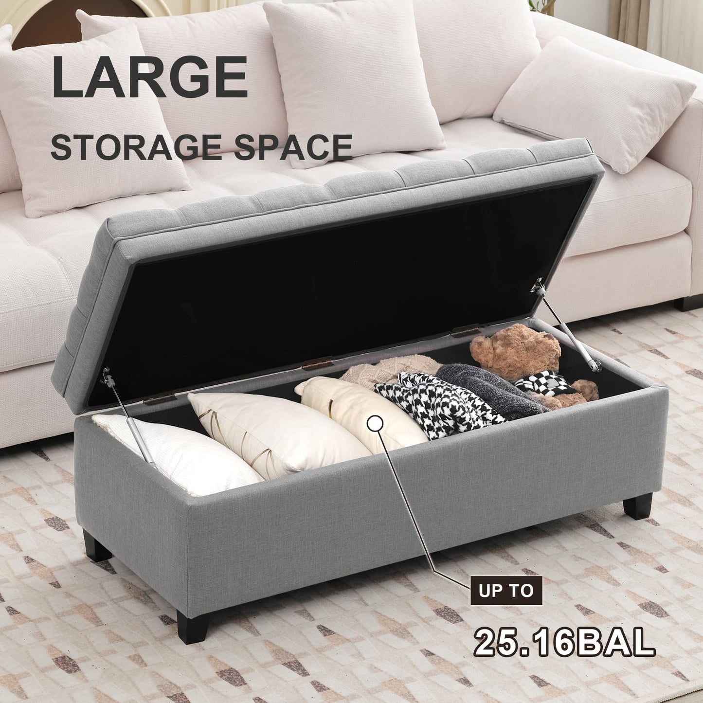 UDAX 51" Storage Ottoman for Bedroom & Living Room, End of Bed Bench with Black Wooden Legs, Linen Upholstered Tufted Ottoman, Entryway Storage Bench, Light Grey
