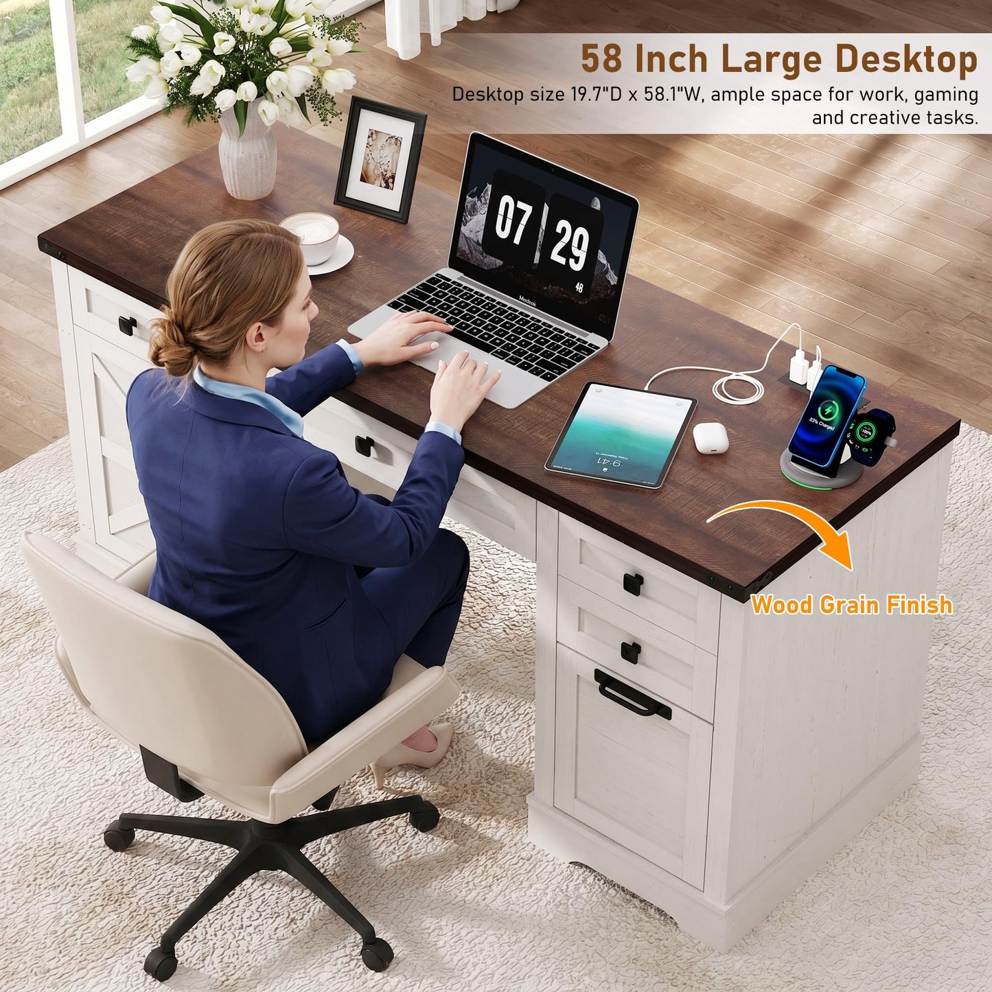 Squireewo 58'' Farmhouse Home Office Desk with Drawers, Wooden Executive Desk with Charging Station, File Drawers and Storage Cabinet, Computer Desk for Work, Study and Writing, Rustic White