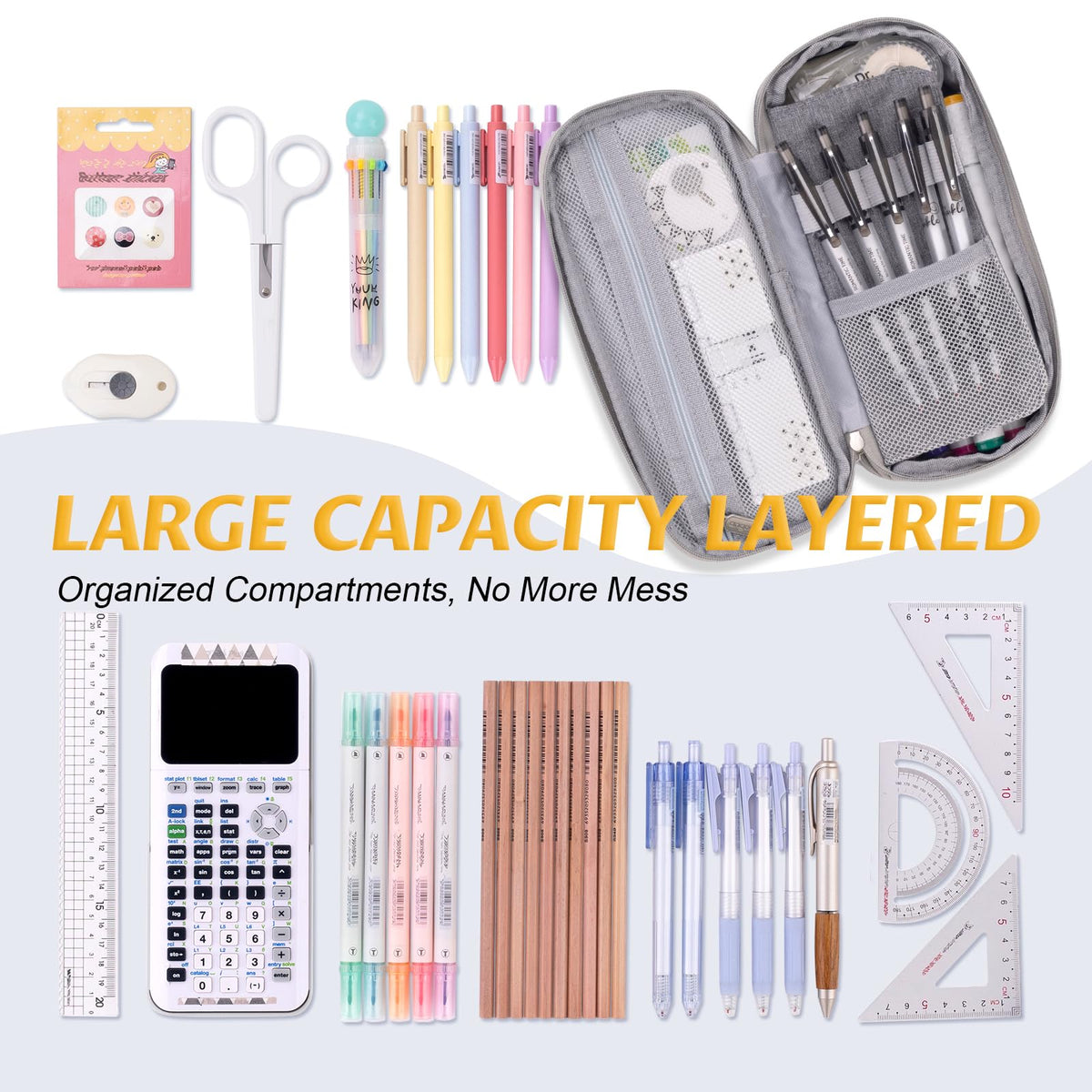 EASTHILL Big Capacity Pencil Pen Case Office College School Large Storage High Capacity Bag Pouch Holder Box Organizer (Gray)