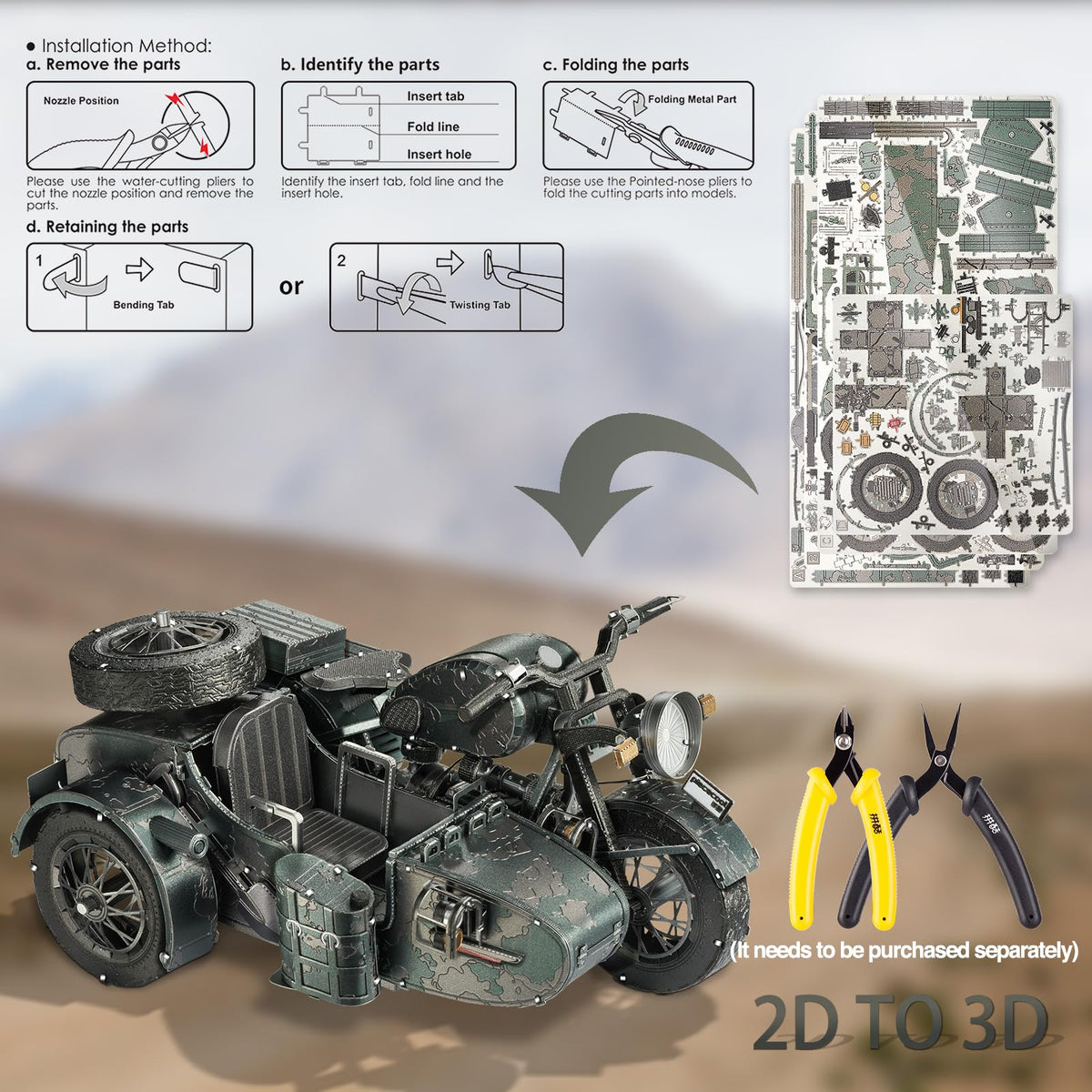 Piececool 3D Puzzles for Adults, Motorcycle with Sidecar Metal Model Building Kits for Family Time, Side Car DIY Assembling Arts and Crafts Best Birthday Gifts