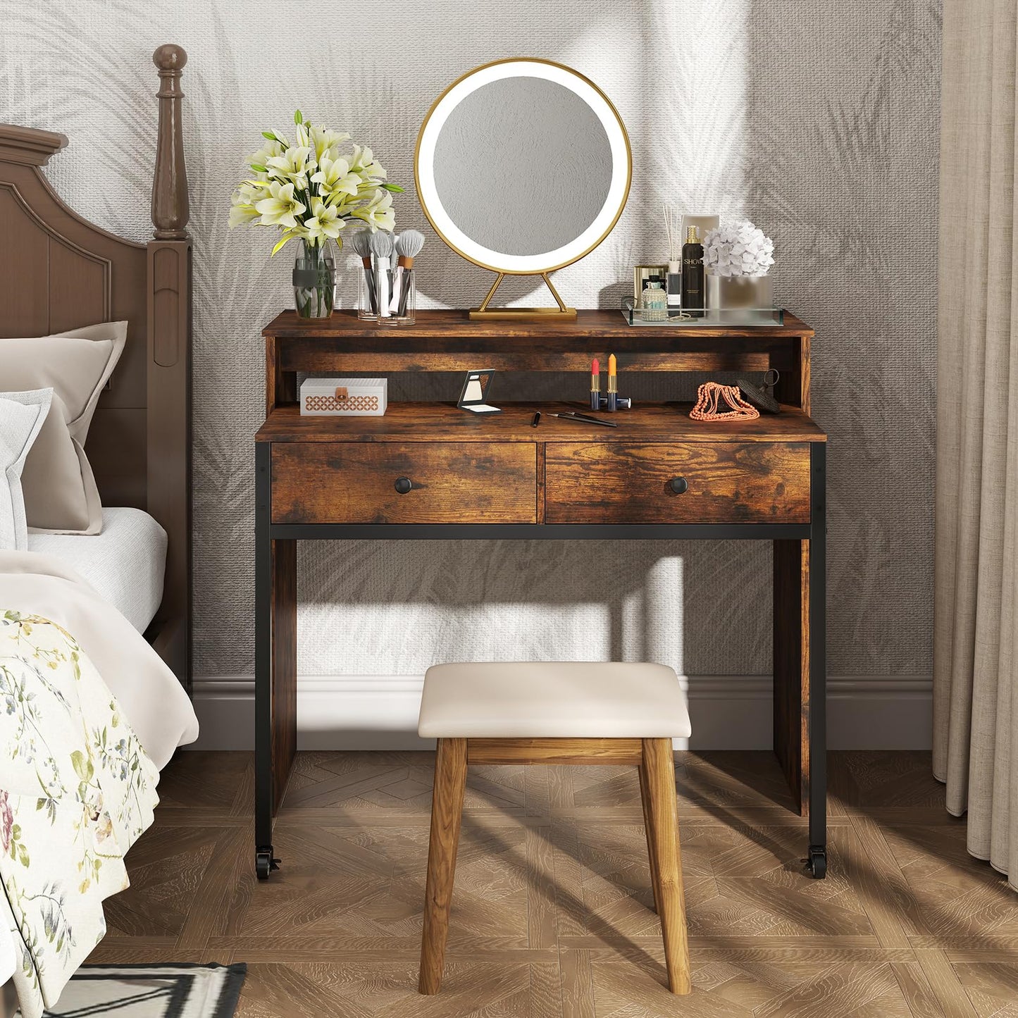 Giantex Small Computer Desk with Hutch & Drawers, Extendable Writing Desk w/Pull Out Secondary Table, Monitor Stand & Rolling Wheels, Console Table, Compact Desk for Small Spaces (Rustic Brown)