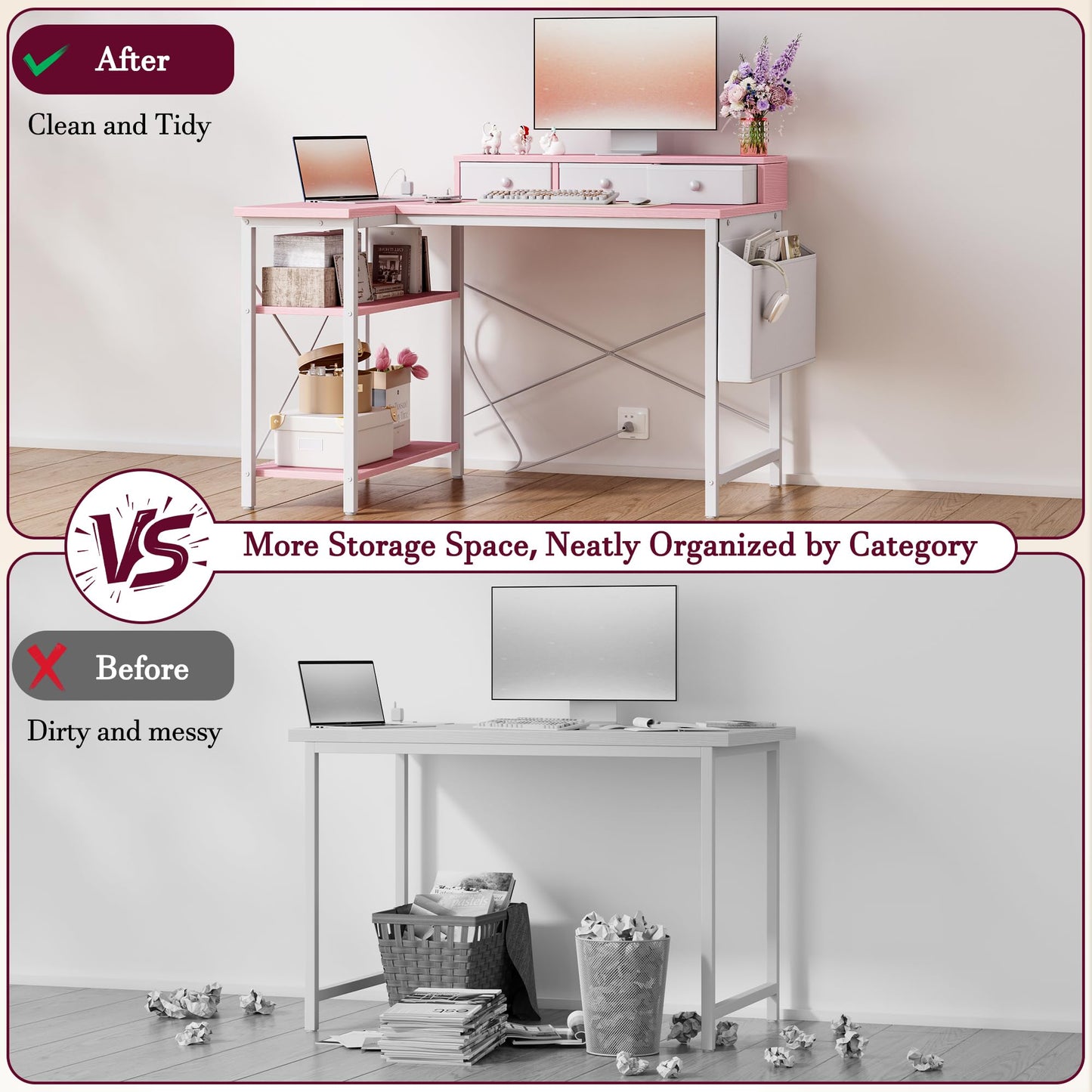 TIQLAB 40 Inch L Shaped Computer Desk with 3 Drawers & Power Outlets, Small Corner Desk with Reversible Shelves, Vanity Kids Writing PC Desk for Bedroom Home Office, Study Table for Girls, Pink