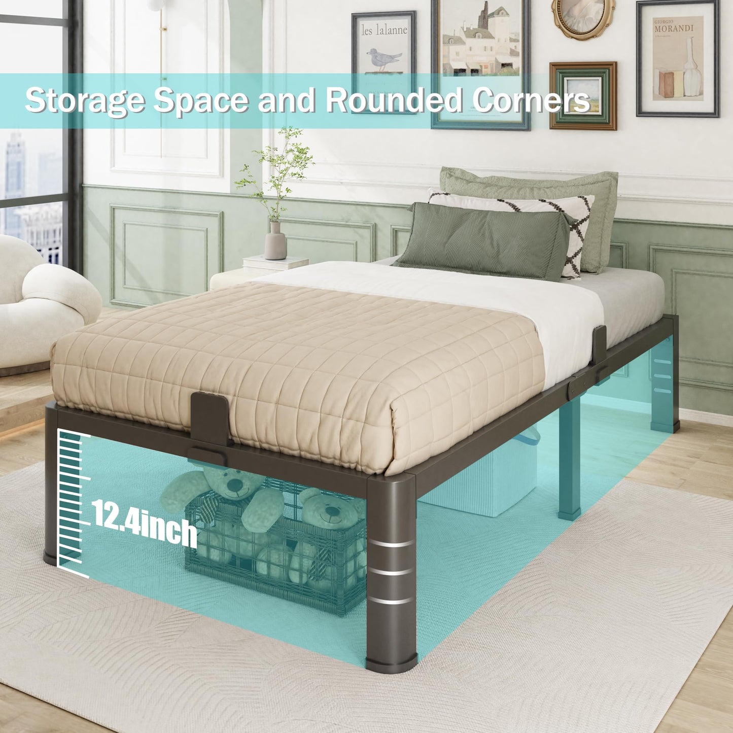Bilily 14 Inch Twin Size Bed Frame, Sturdiness Metal Twin Platform Bed Frame with Storage, No Box Spring Needed, Noiseless, Ease of Assembly