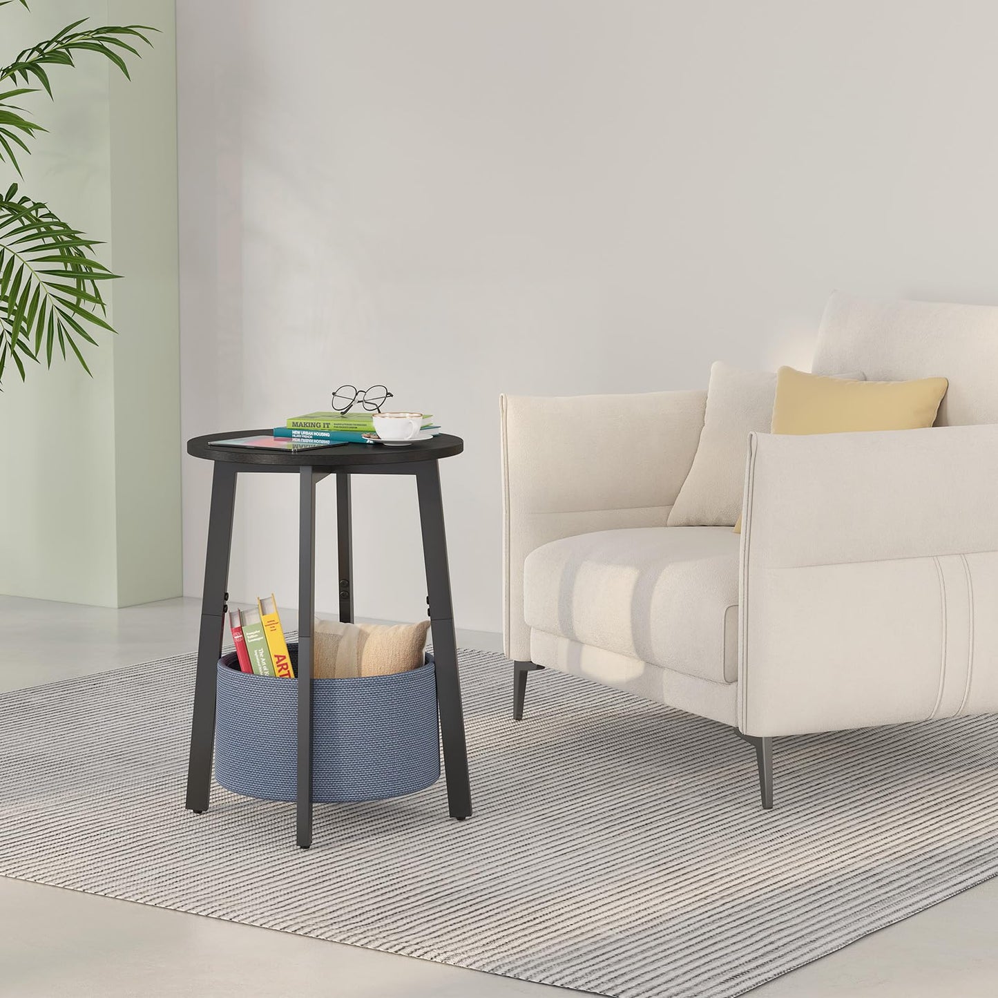 sthmec Small Round Side End Table Set of 2 with Cloth Storage Basket, Round Bedside Sofa Couch Coffee Tables for Small Places with Metal Frame, Modern Nighstands for Living Room Bedroom,Black