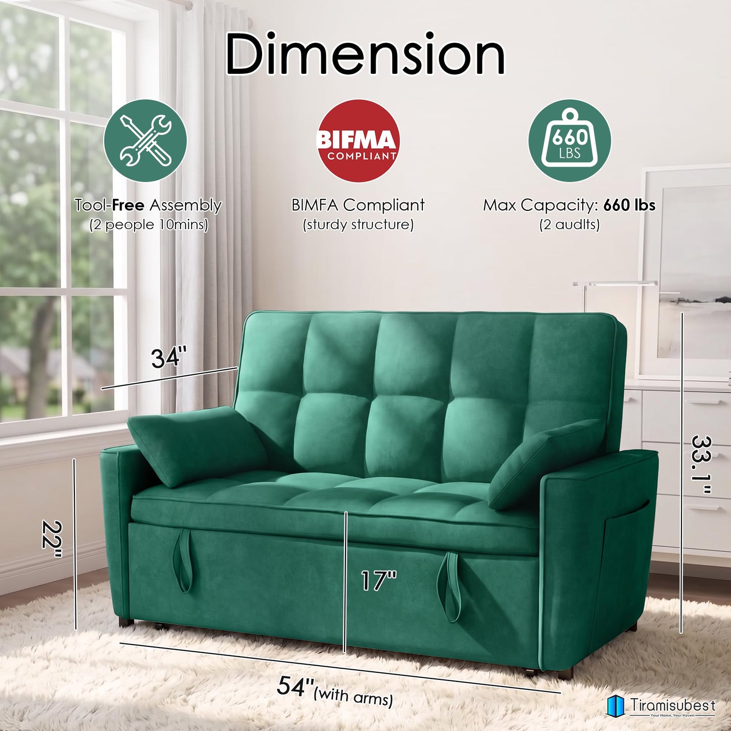 tiramisubest 54'' Sleeper Sofa Bed, Convertible Pull Out Couch Futon for for Living Room,Apartment (Green, Loveseat) Side Pockets, Velvet Fabric, Adjustable Backrest, Pull-Out Bed, Easy Assembly