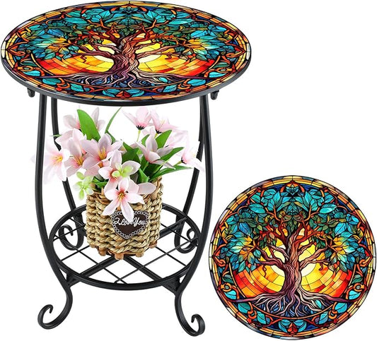 Cinnvoice Outdoor Side Table Round Small Mosaic Patio Accent Indoor End Plant