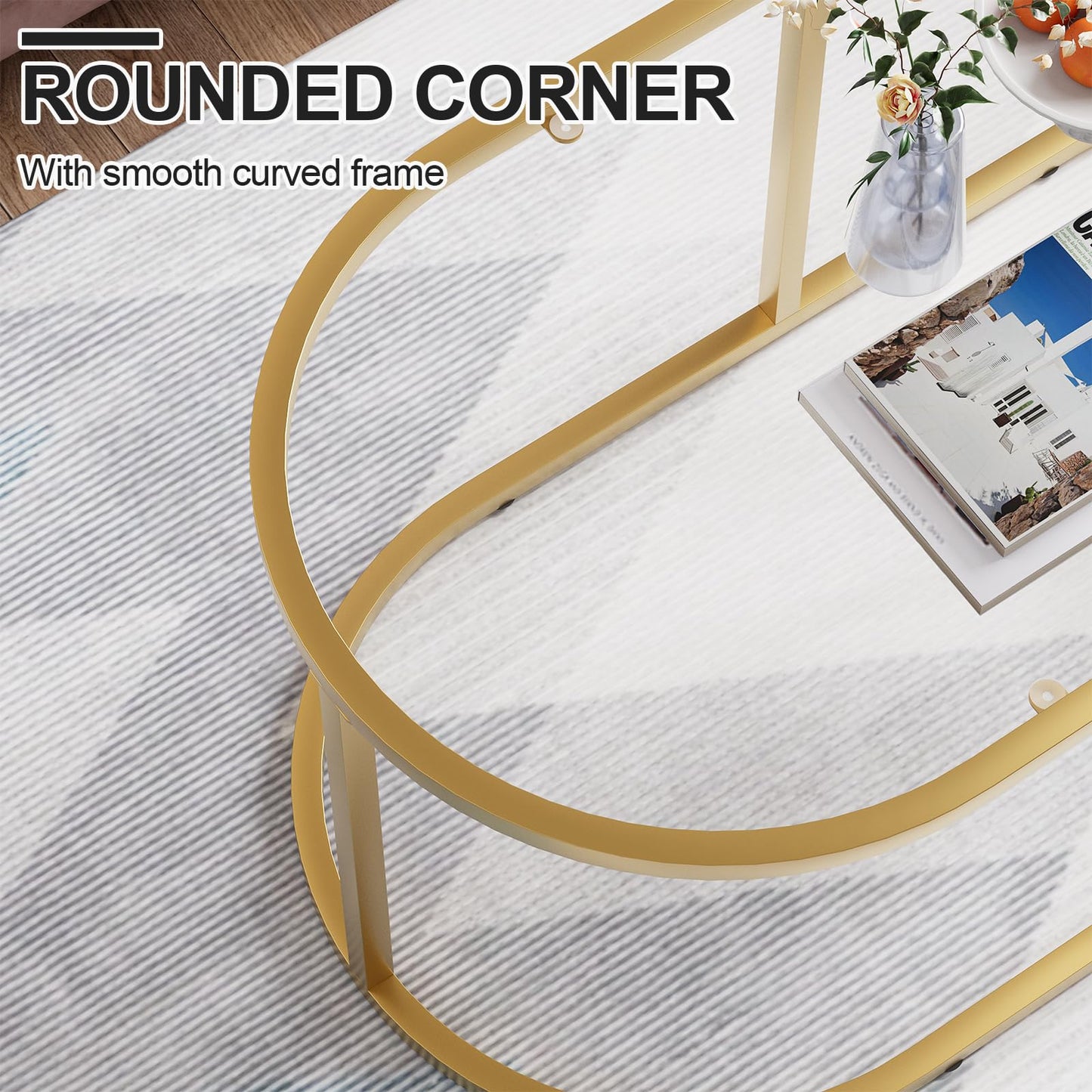 Coffee Table Gold Glass Coffee Tables for Living Room, Oval Table Center Table with Sturdy Metal Frame,Modern Tempered Glass Accent Tables for Bedroom Home Office