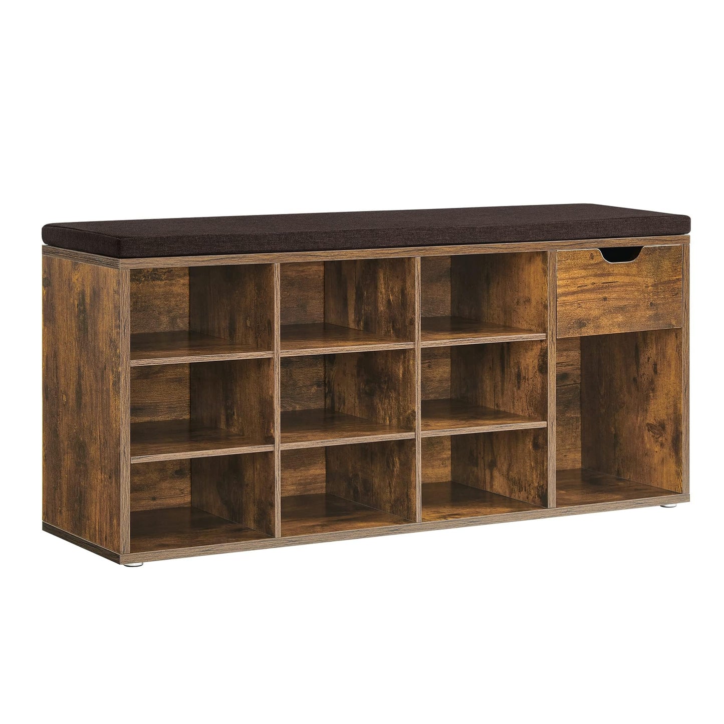 VASAGLE CUSTOS Collection - Storage Bench, Entryway Bench with Cushion, Drawer and Open Compartments, Bench with Storage, Living Room, Bedroom, Closet, Rustic Brown and Chestnut Brown ULHS024T01