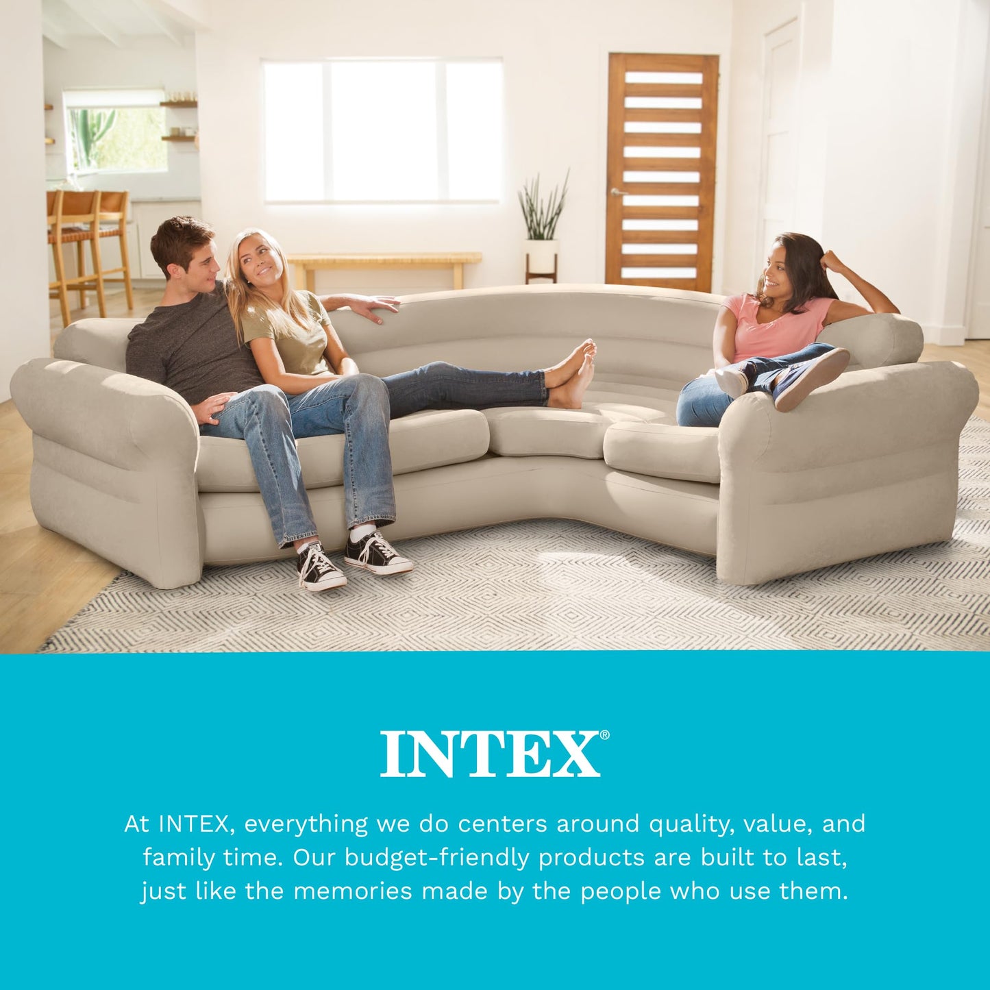 Intex Inflatable Corner Sofa, L-Shaped Couch with 880 lb. Weight Capacity, 2-in-1 Valve for Easy Indoor Setup, 101" x 80" x 30”