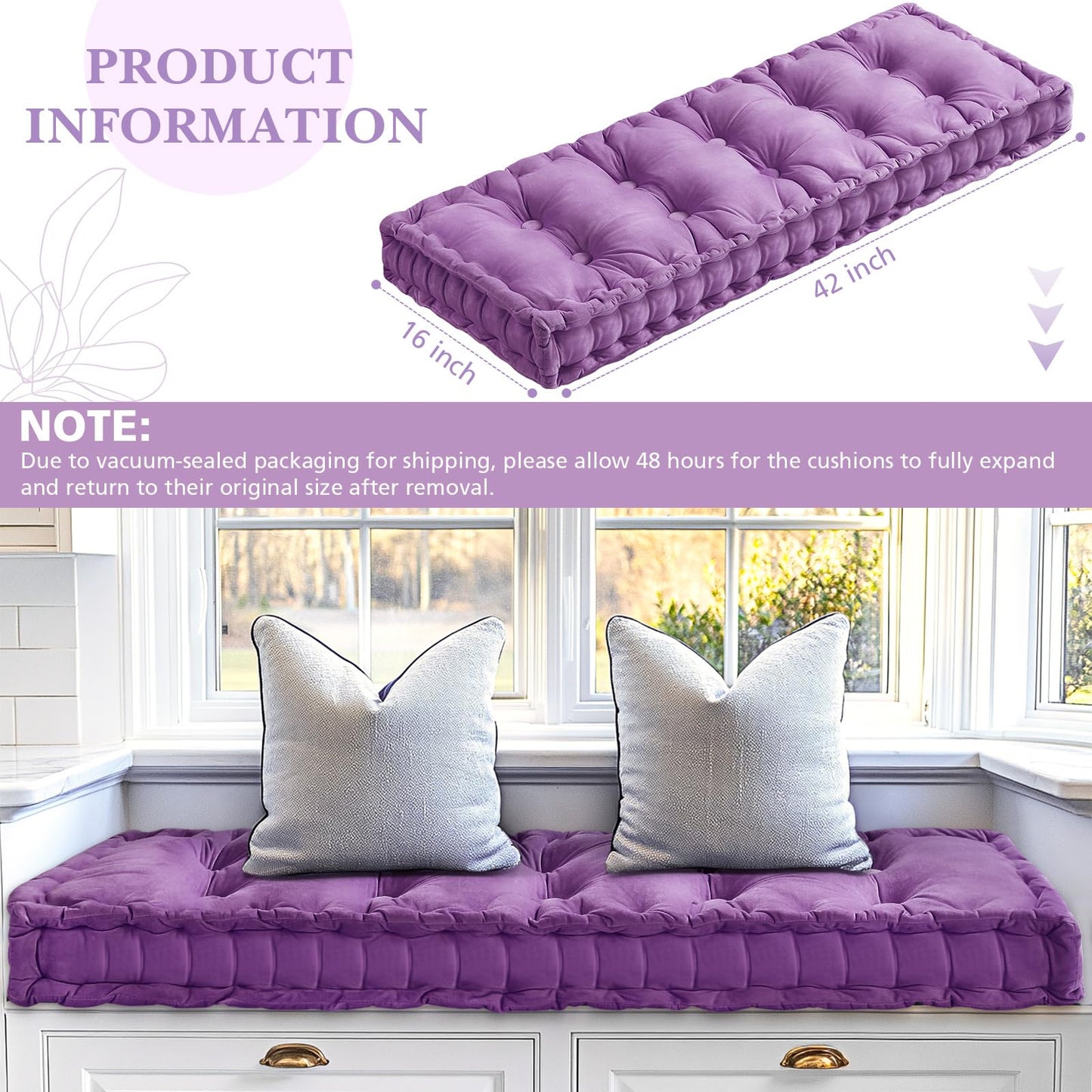 Threehoney Bench Cushions for Indoor Furniture 42x16 in Velvet Kitchen Dining Piano Window Seat Cushion, Tufted Patio Porch Swing Thicken Bench Pad Memory Foam(Light Purple)