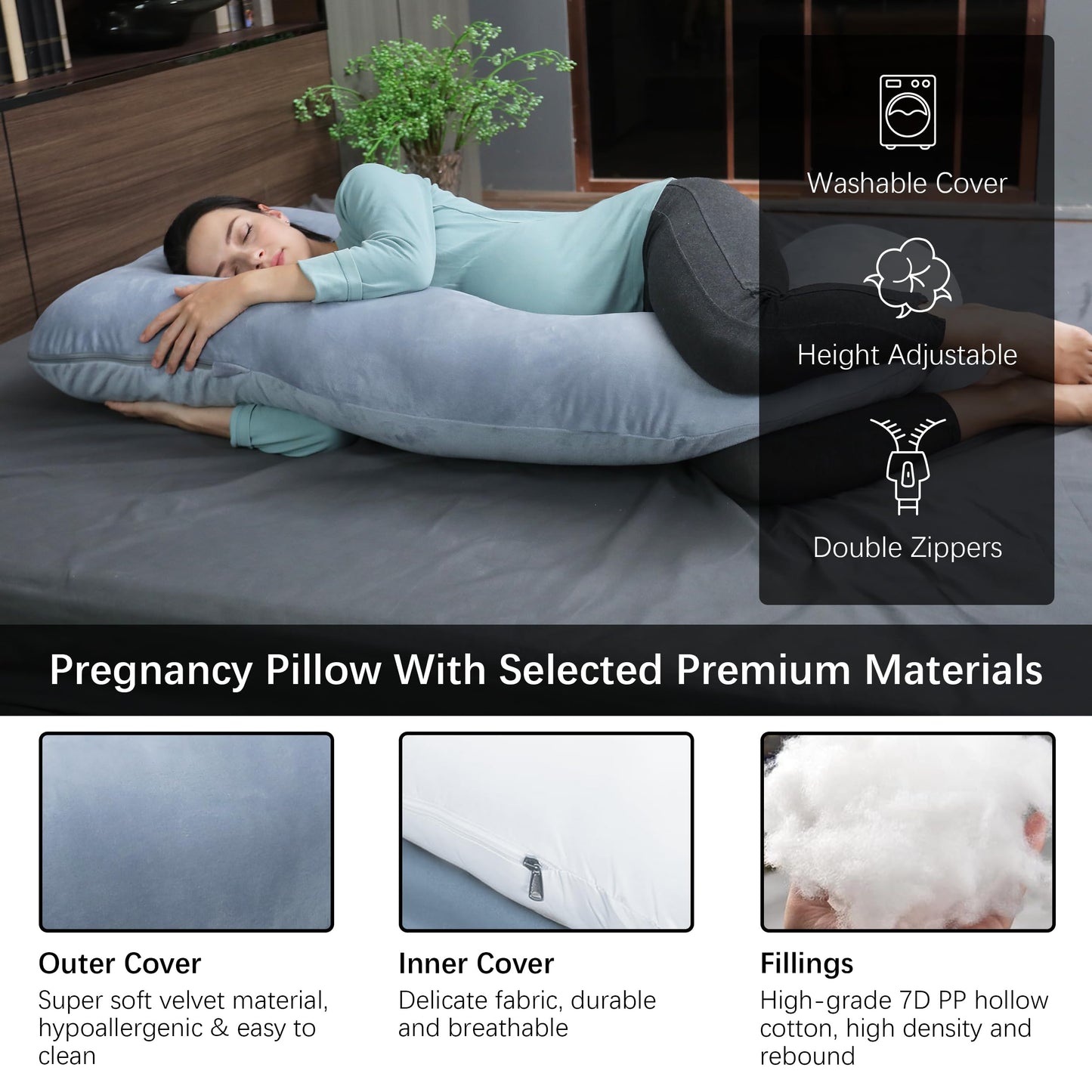 MOON PARK Pregnancy Pillows for Sleeping - 57 Inch U Shaped Full Body Maternity Pillow with Removable Cover - Support for Back, Legs, Belly, Hips - Pregnancy Pillow for Women - Grey