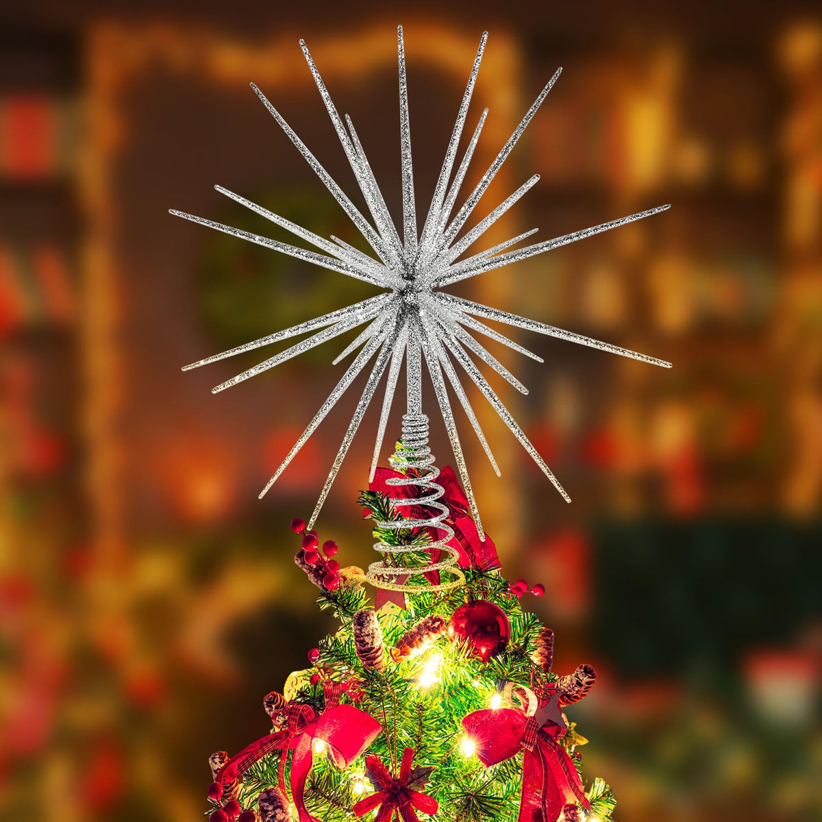 13.7 Inch Silver Christmas Tree Topper - 3D Burst Silver Tree Topper, Exploding Star Christmas Tree Decorations