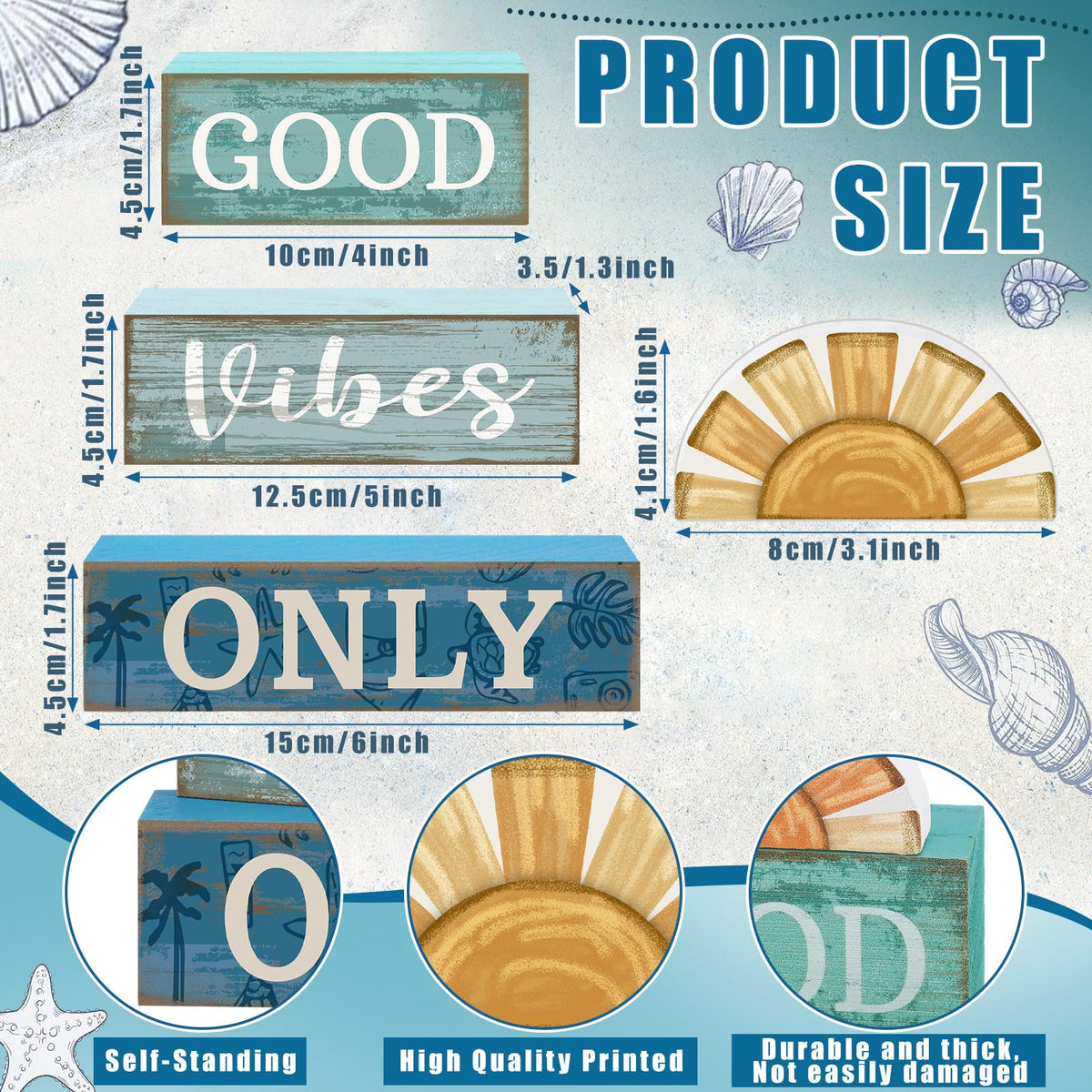 Lineshading 4 Pcs Beach Themed Table Decor Good Vibes Only Wood Block Sign Wooden Sunshine Beach Tiered Tray Decorations Summer Centerpiece Decor Funny Farmhouse Summer Decorations for Home Shelf