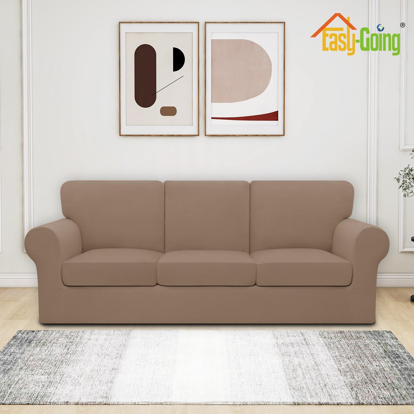 Easy-Going 7 Pieces Stretch Couch Cover Washable Sofa Cover Set for 3 Backrest and Seat Cushion Couch Anti-Slip Sofa Slipcover Furniture Protector with Elastic Bottom (Large, Camel)