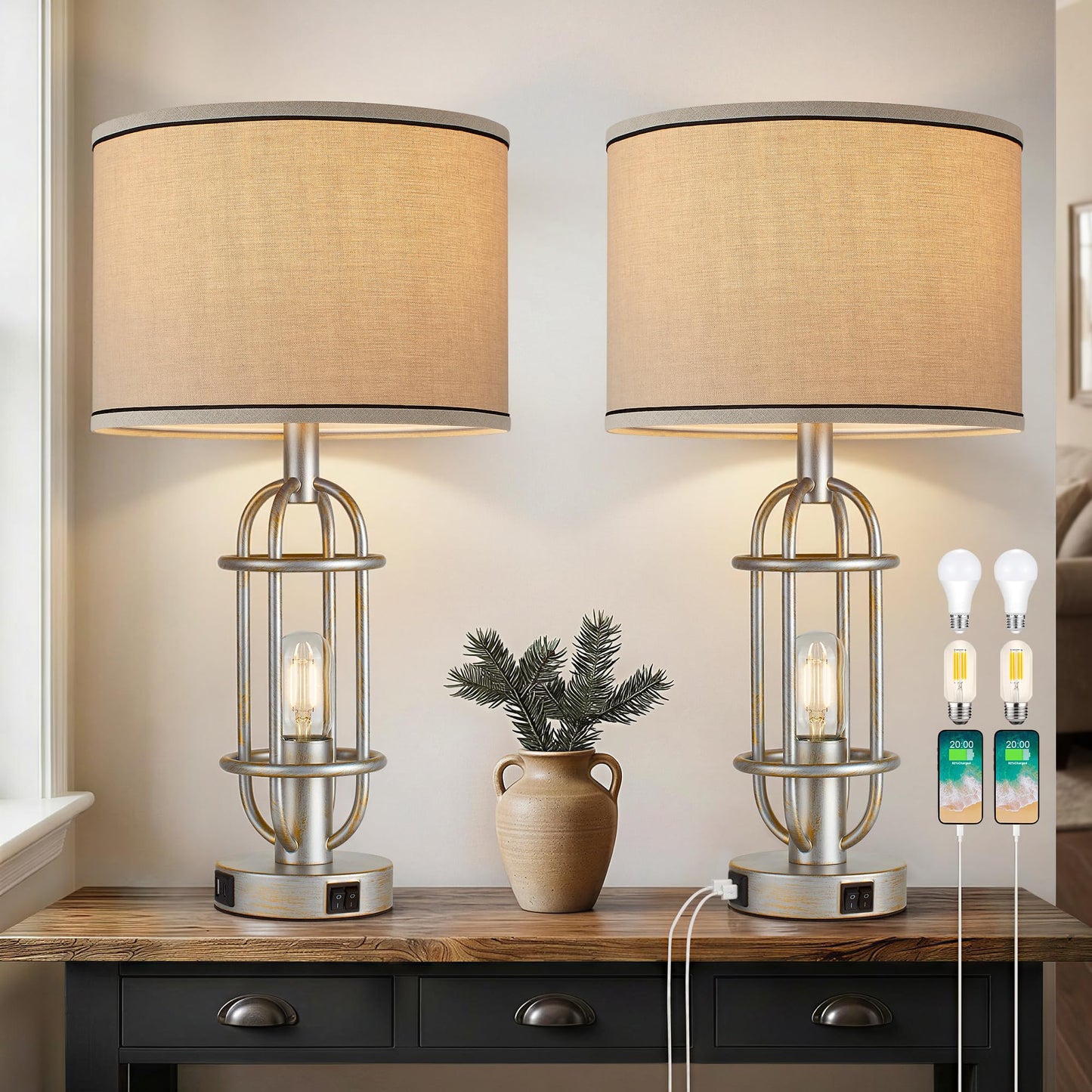Reaketon Table Lamps for Living Room Set of 2, 22.3" Farmhouse Lamps for Nightstand, Industrial Table Lamps for Bedroom with USB Ports, Bulbs Included