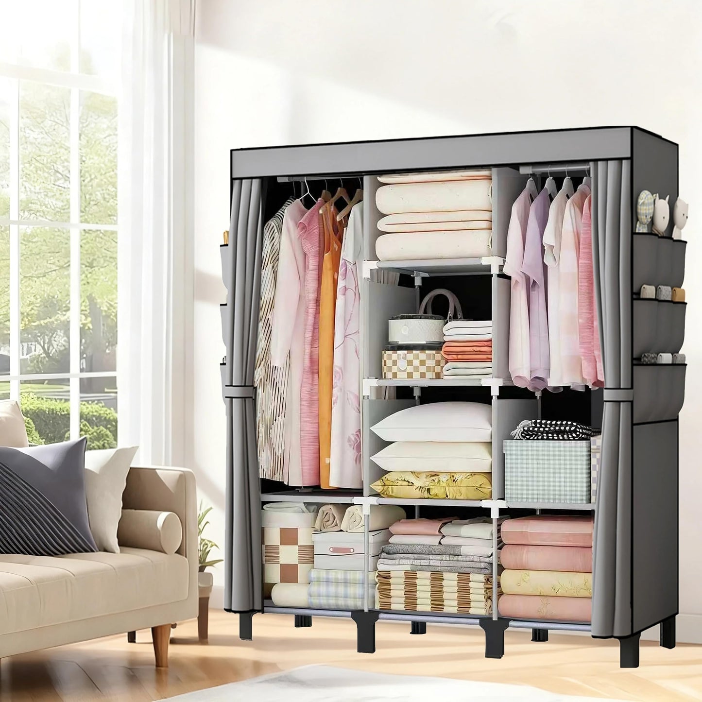 oumylovelsc Portable Wardrobe, Easy Hanging Closet 6 Side Pockets Large Capacity Clothes Organizer Comes with 2 Hanging Poles and Shelves, Width 130cm, Depth 45cm, Height 172cm (Grey)
