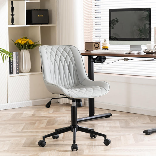 YOUNIKE Faux Leather Ergonomic Office Chair Armless Comfy Desk Chair with Rocking Back Cute Swivel Vanity Chair with Wheels Height Adjustable Small Computer Task Chair for Sewing Drafting Grey
