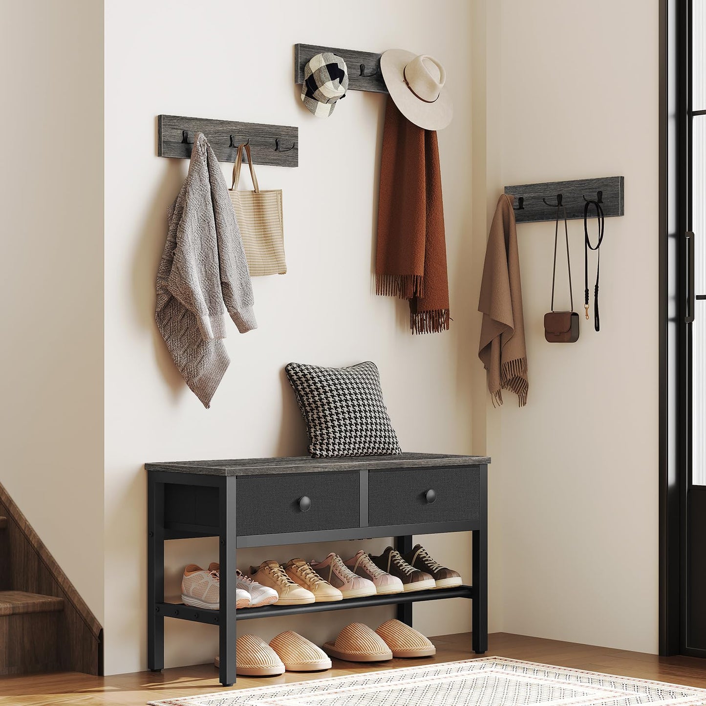 YATINEY Hall Tree with Bench and Shoe Storage, Entryway Bench with Coat Rack, 4-in-1 Coat Rack Shoe Bench, Multifunctional, for Front Door, Hallway, Foyer, Charcoal Grey and Black MT05BC